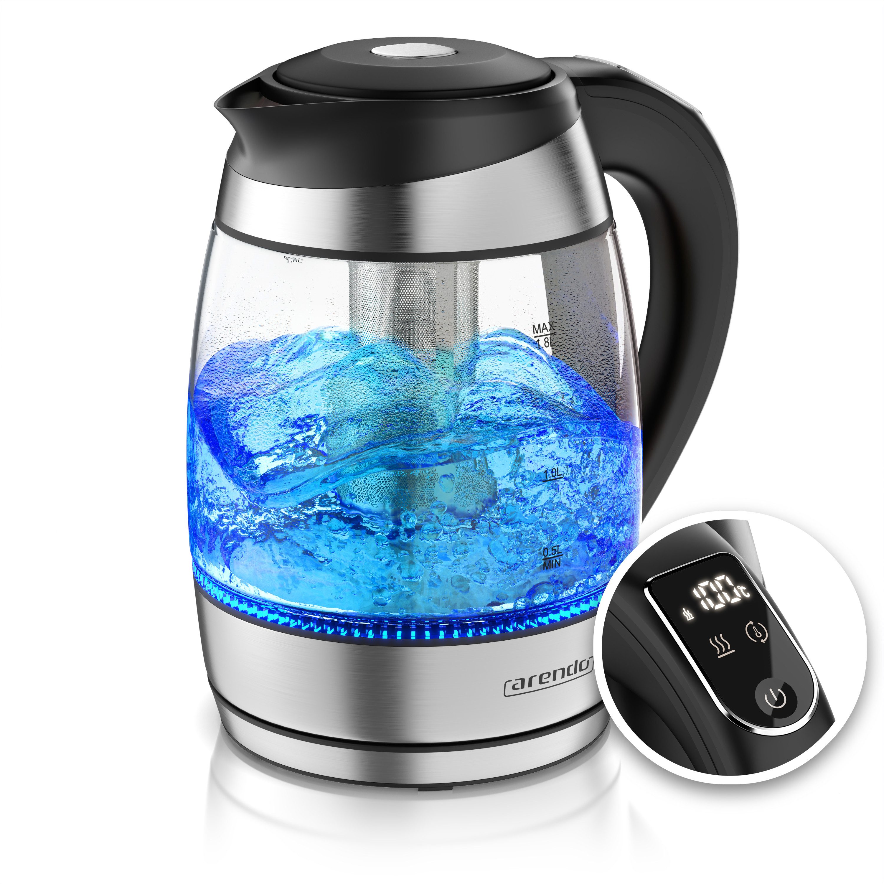 Arendo Wasserkocher Teekocher aus Glas & Edelstahl mit Temperatureinstellung und Teesieb, 1,8 l, 2200 W, Temperaturwahl 40° C - 100° C, Überhitzungsschutz, Warmhaltefunktion