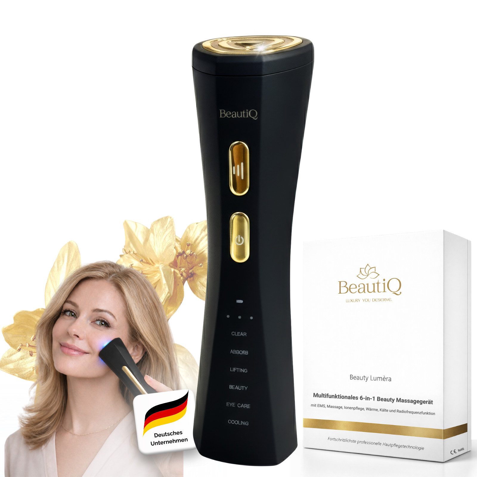 BeautiQ Gesichtsmassagegerät Lumèra PRO 6 in 1 [Beauty-Neuheit], EMS, Anti-Aging Innovation, Full Inclusive Beauty Set, EMS, Radiofrequenz, LED-Lichttherapie, Vibration, Tiefenreinigung, Lifting-Modus, Augenpflege, Kühlung, Anti-Aging