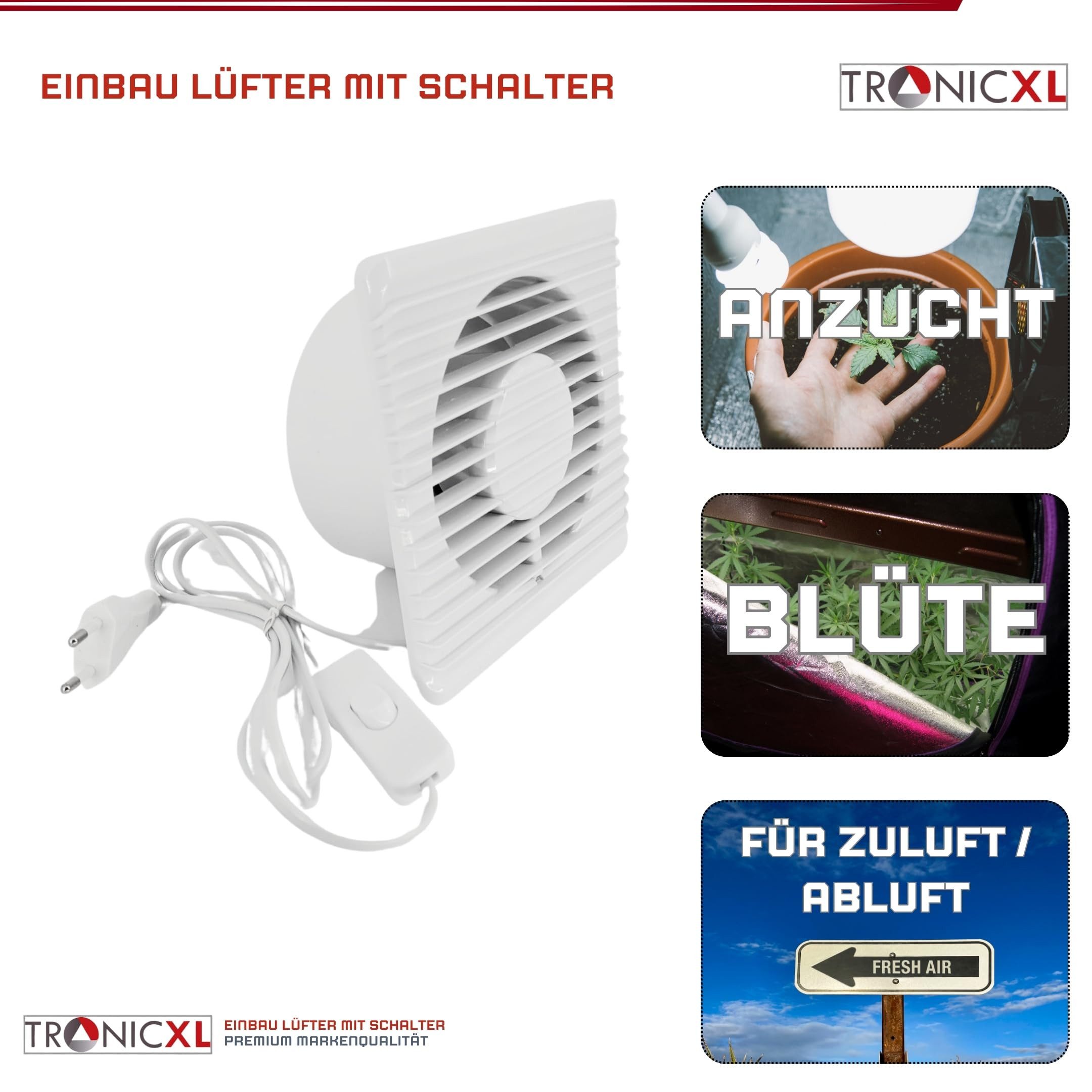 TronicXL Radialventilator 100mm Abluft / Zuluft Grow Lüfter Ventilator für Homebox Growbox Zelt, Zubehör für Grower Anbau Anzucht Feuchtraum