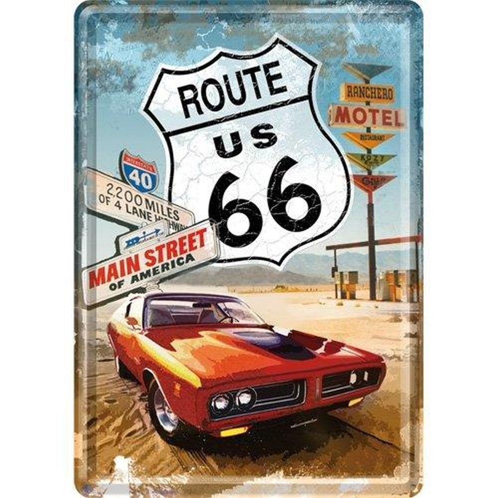 Nostalgic-Art Metallschild Blechpostkarte - US Highways - Route 66 Red Car