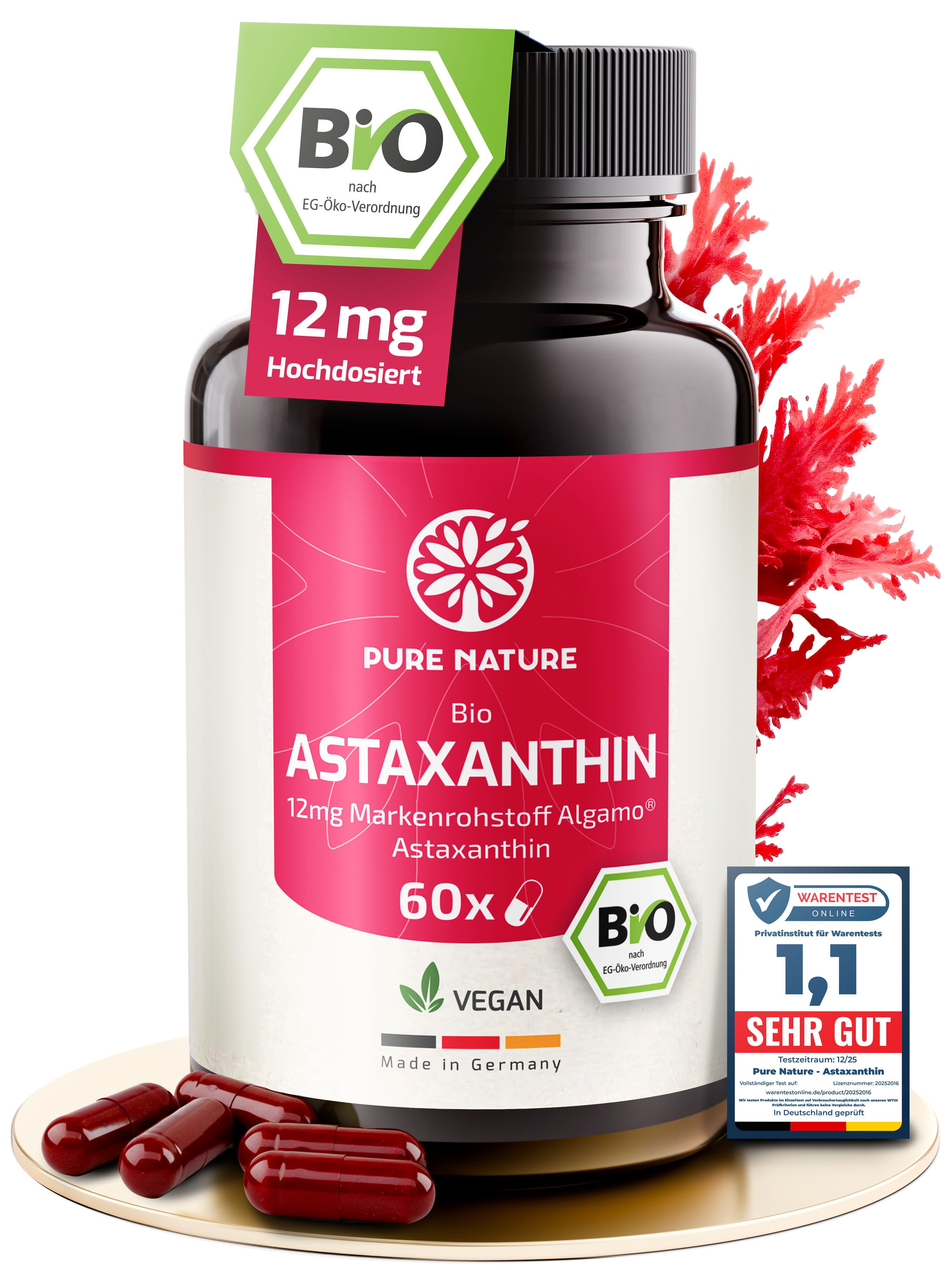 Pure Nature Astaxanthin 12 mg hochdosiert - 60 vegane Kapseln mit Bio-Olivenöl Kapseln, Packung à 36 g