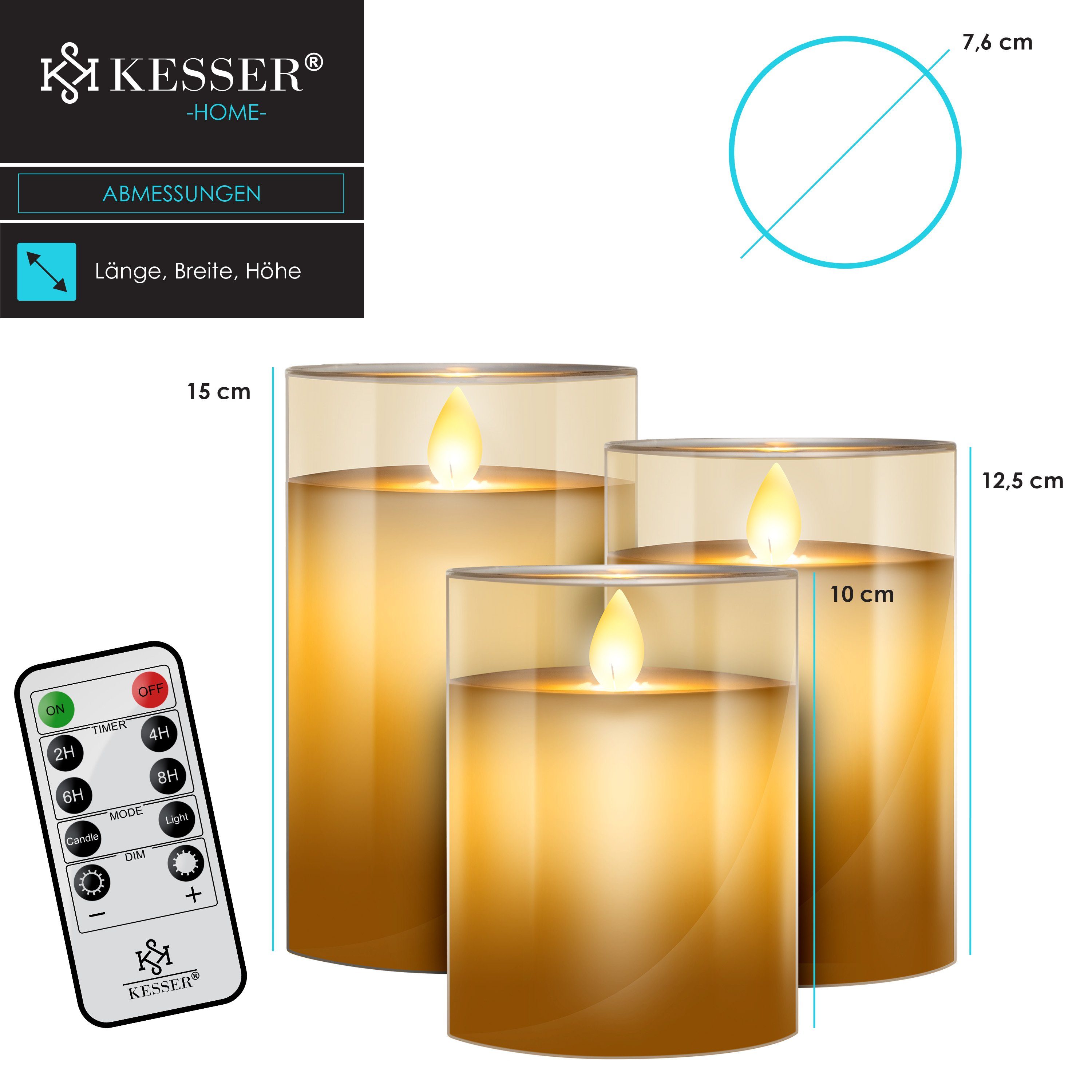 KESSER Timer Flammenlose Set Kerzen gold 3er LED LED-Kerze, mit Fernbedienung Kerze