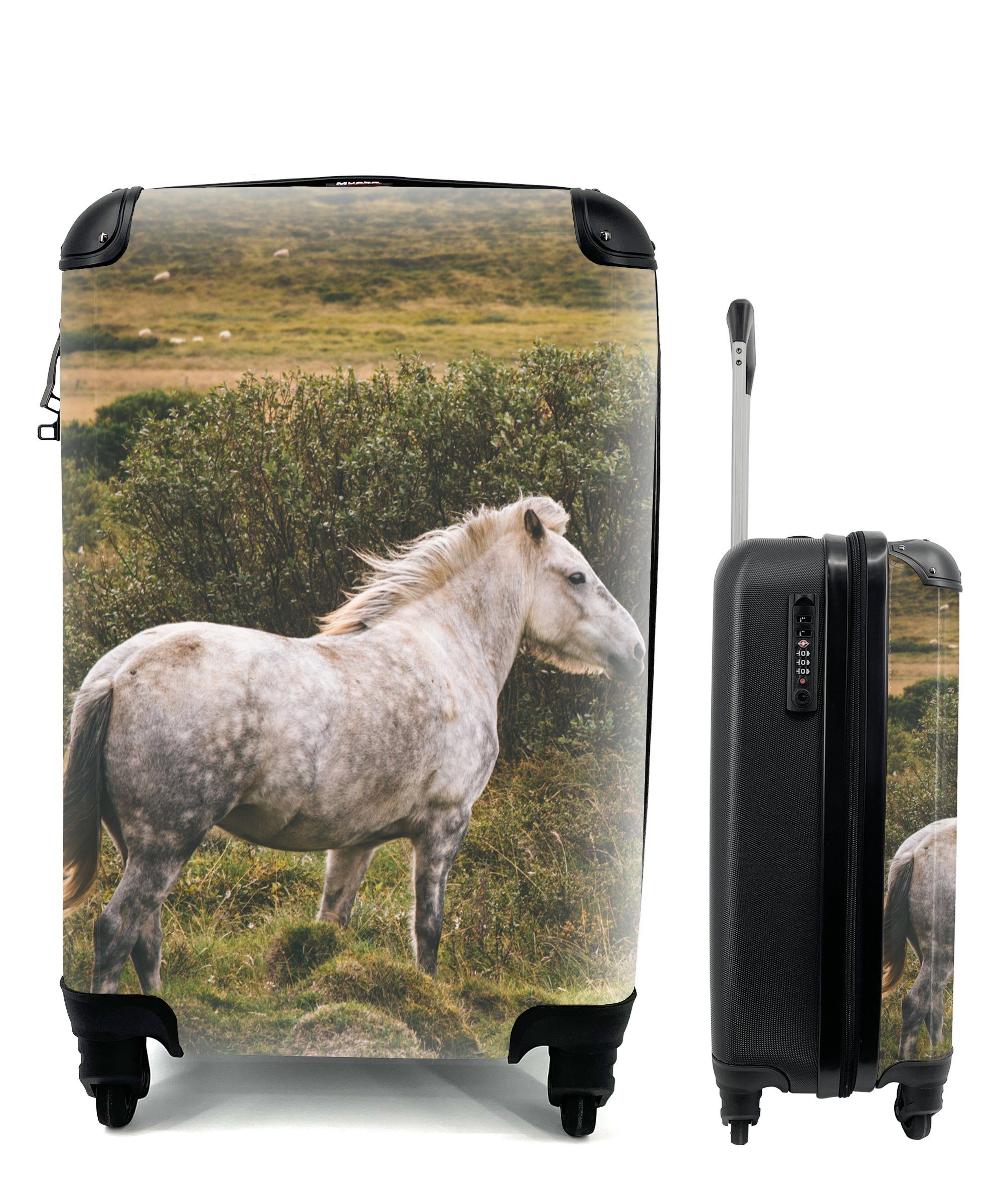 rollen, MuchoWow Reisetasche Trolley, - Gras Handgepäckkoffer Reisekoffer Handgepäck Weiß, für Rollen, - mit 4 Ferien, Pferd