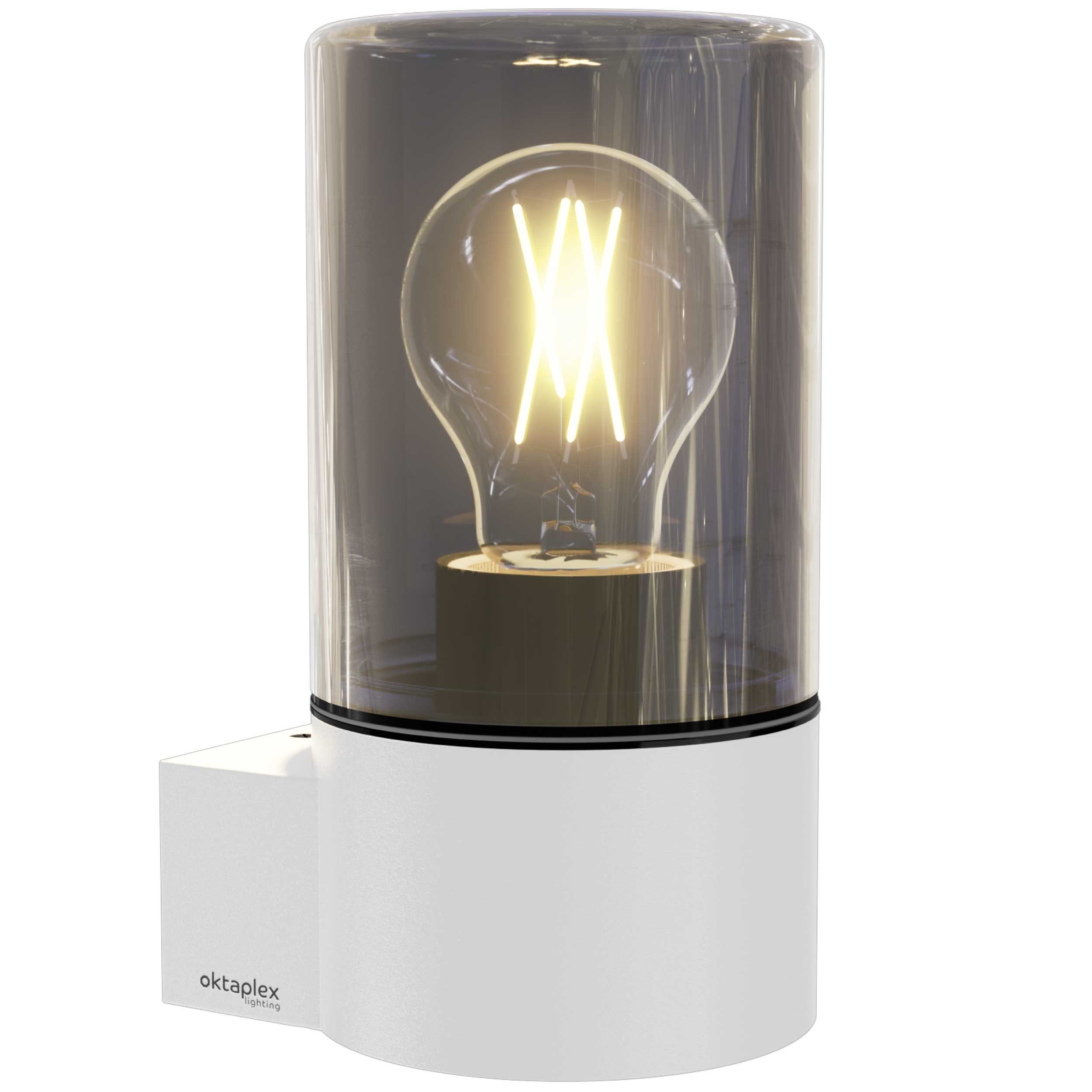 Oktaplex lighting Außen-Wandleuchte Puno E27 Aluminium Außenleuchte, ohne Leuchtmittel, Außenlampe IP44 Rauchglas Wandlampe weiß