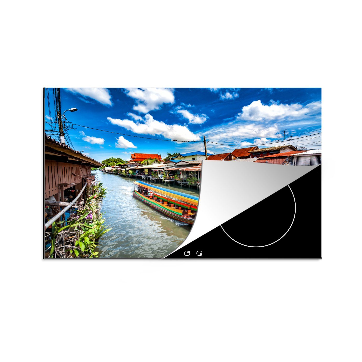 MuchoWow Herdblende-/Abdeckplatte Boot in einem Fluss auf dem schwimmenden Markt in Thailand, Vinyl, (1 tlg), 81x52 cm, Induktionskochfeld Schutz für die küche, Ceranfeldabdeckung