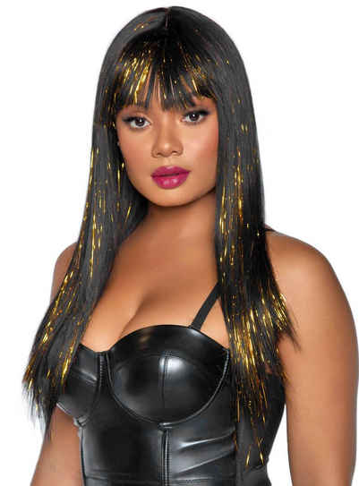 Leg Avenue Kostüm-Perücke Lange Haare schwarz-gold, Lange Ponyfrisur mit einem Feuerwerk an Lamettafäden