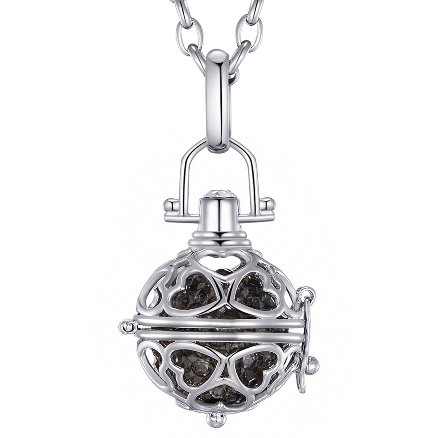 Morella Kette mit Anhänger Morella Halskette mit Anhänger und Klangkugel zur Farbauswahl (2-tlg., Kette inkl. Klangkugel und Samtbeutel), Silberne Kette, Herzornament, austauschbare Klangkugel, im Samtbeutel