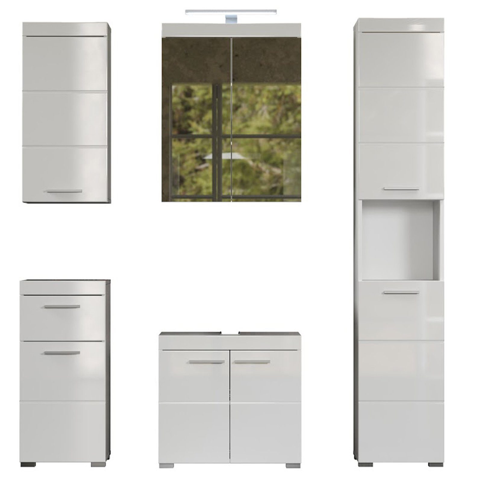 trendteam Badmöbel-Set Amanda, Badmöbel-Set Hochschrank Unterschrank Hängeschrank Spiegel Beleuchtung