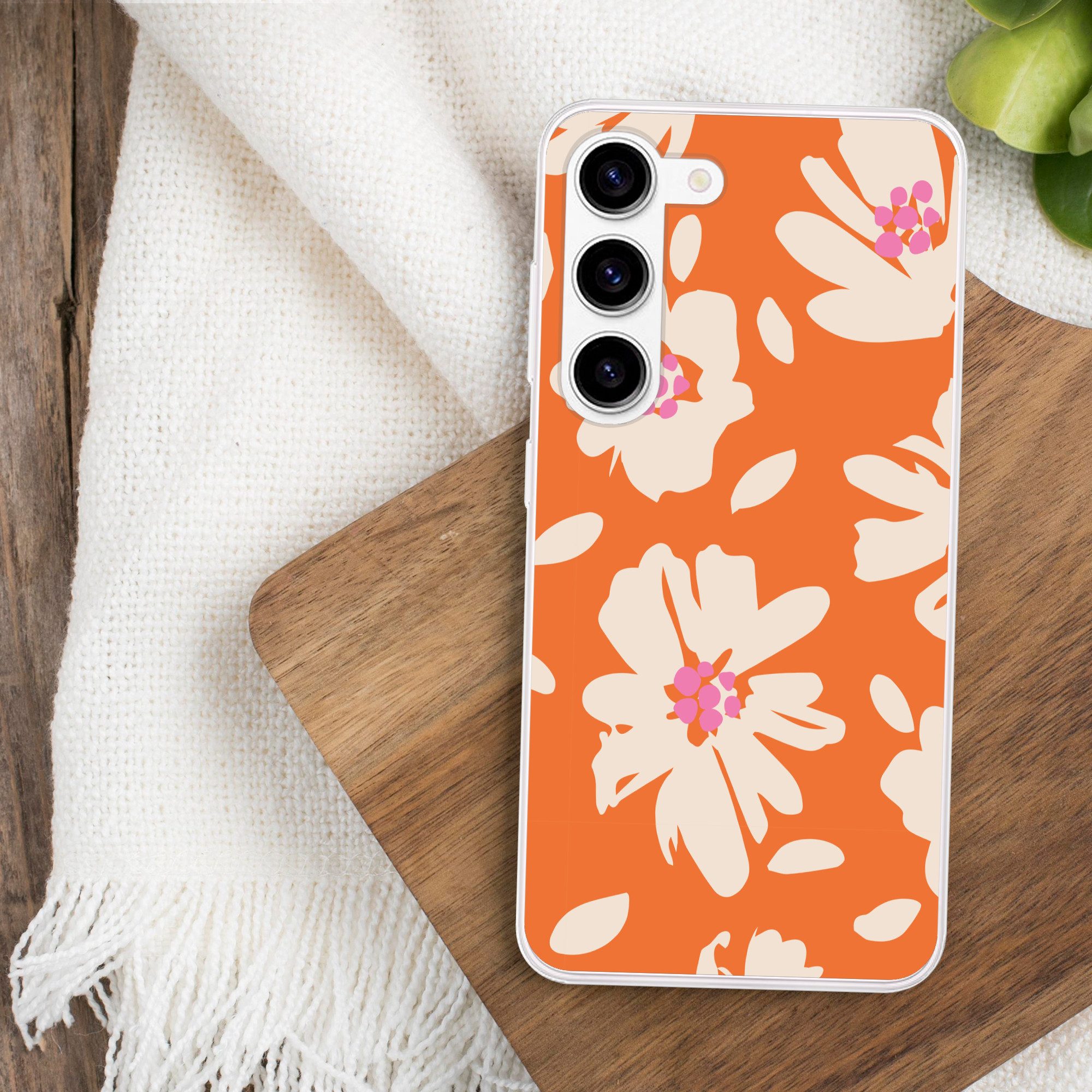 MuchoWow Handyhülle für Samsung Galaxy S23 Blumen - Orange - Beige - Rosa - Abstrakt, Phone Case, Silikon, Schutzhülle Dünn