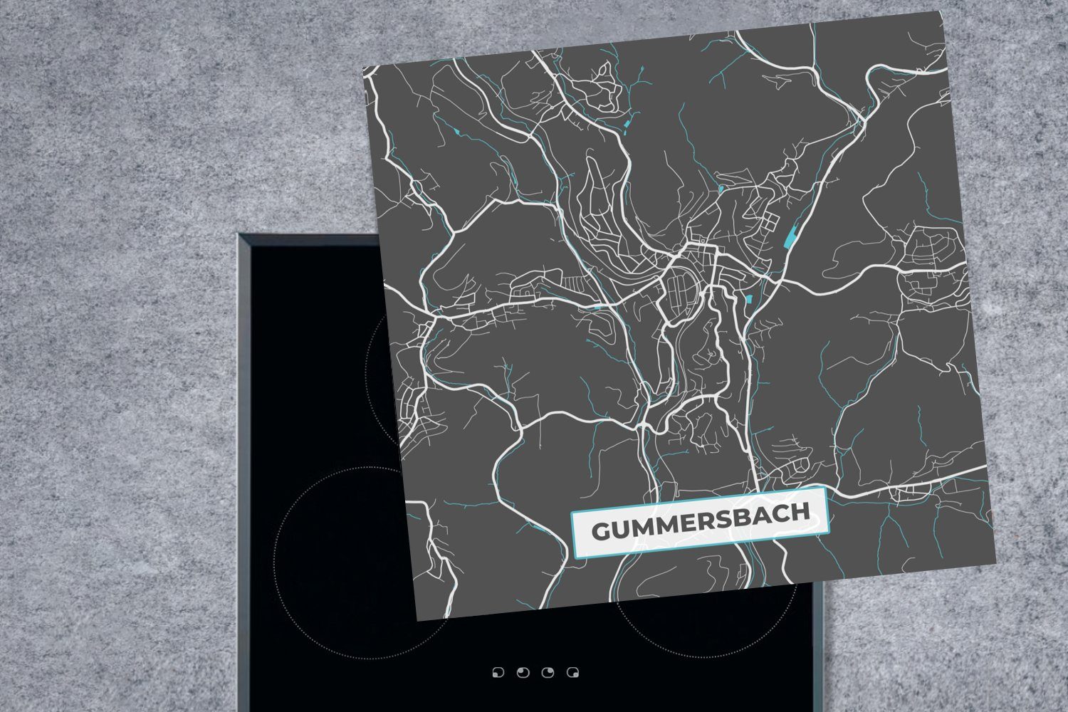 küche Herdblende-/Abdeckplatte cm, - 78x78 Gummersbach Blau (1 MuchoWow Vinyl, - Stadtplan - Arbeitsplatte - Deutschland Karte, Ceranfeldabdeckung, für tlg),