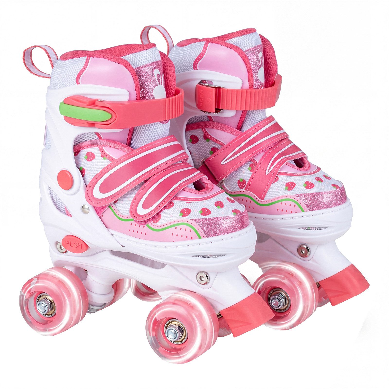 COSTWAY Rollschuhe, Erdbeere Quad Skates mit 4 Größen Verstellbar & LED Rädern