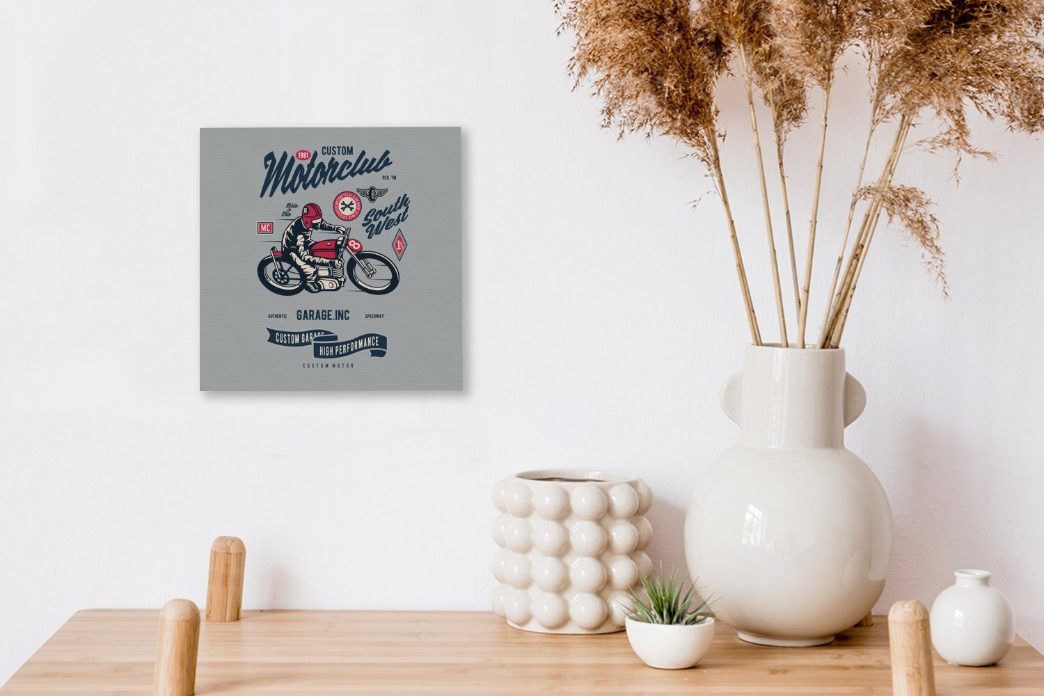 - Motorrad Zeichnung, Helm - Schlafzimmer (1 Bilder - Wohnzimmer St), Leinwandbild Leinwand OneMillionCanvasses® Vintage für