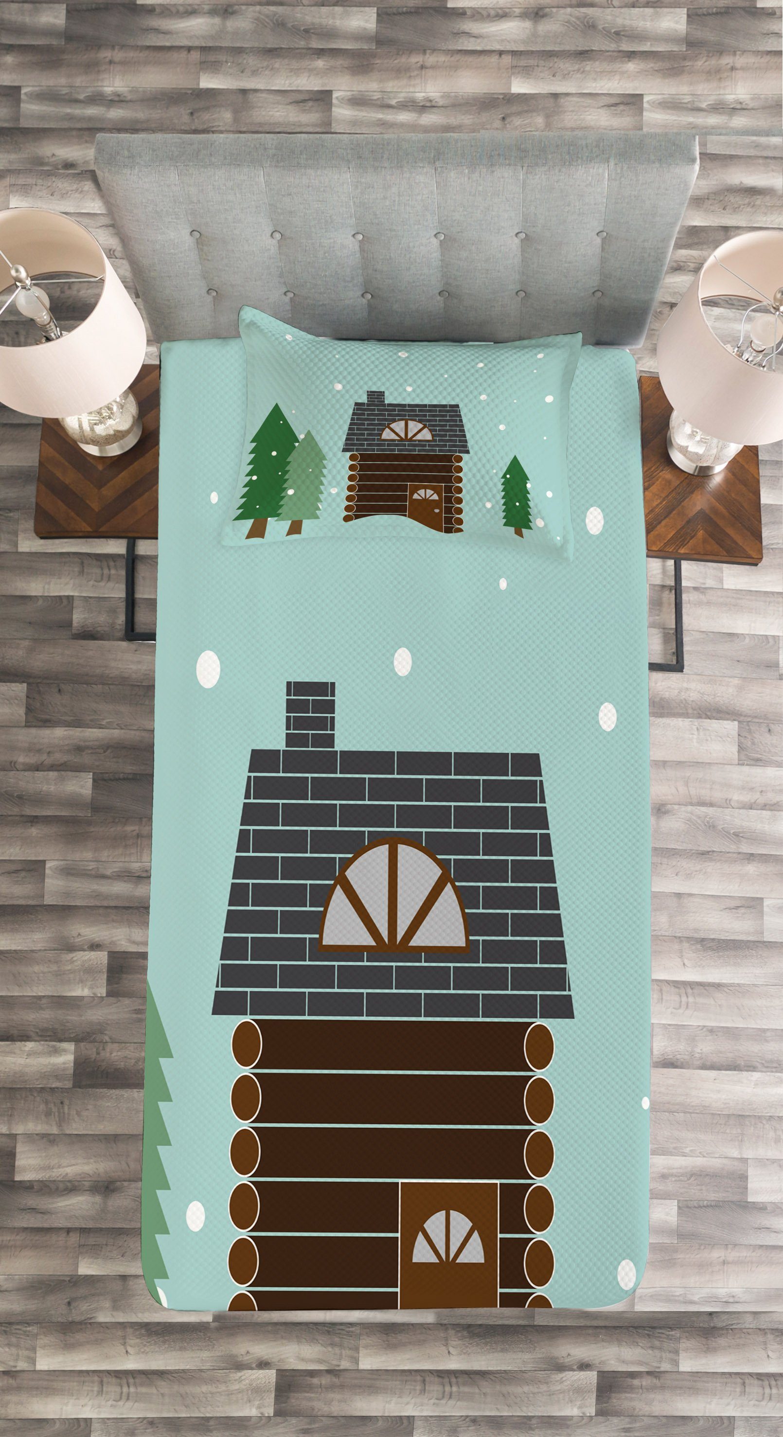 Snowy-Landschaft Blockhaus Abakuhaus, Tagesdecke der Set in Kissenbezügen mit Cabin Waschbar,
