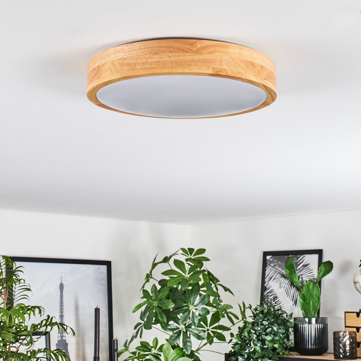hofstein Deckenleuchte moderne Deckenlampe aus Metall/Bambus/Kunststoff in Weiß/Natur, LED wechselbar, 3000 Kelvin, Leuchte im angesagten Boho-Design (29, 5cm), – Bild 5 von 5