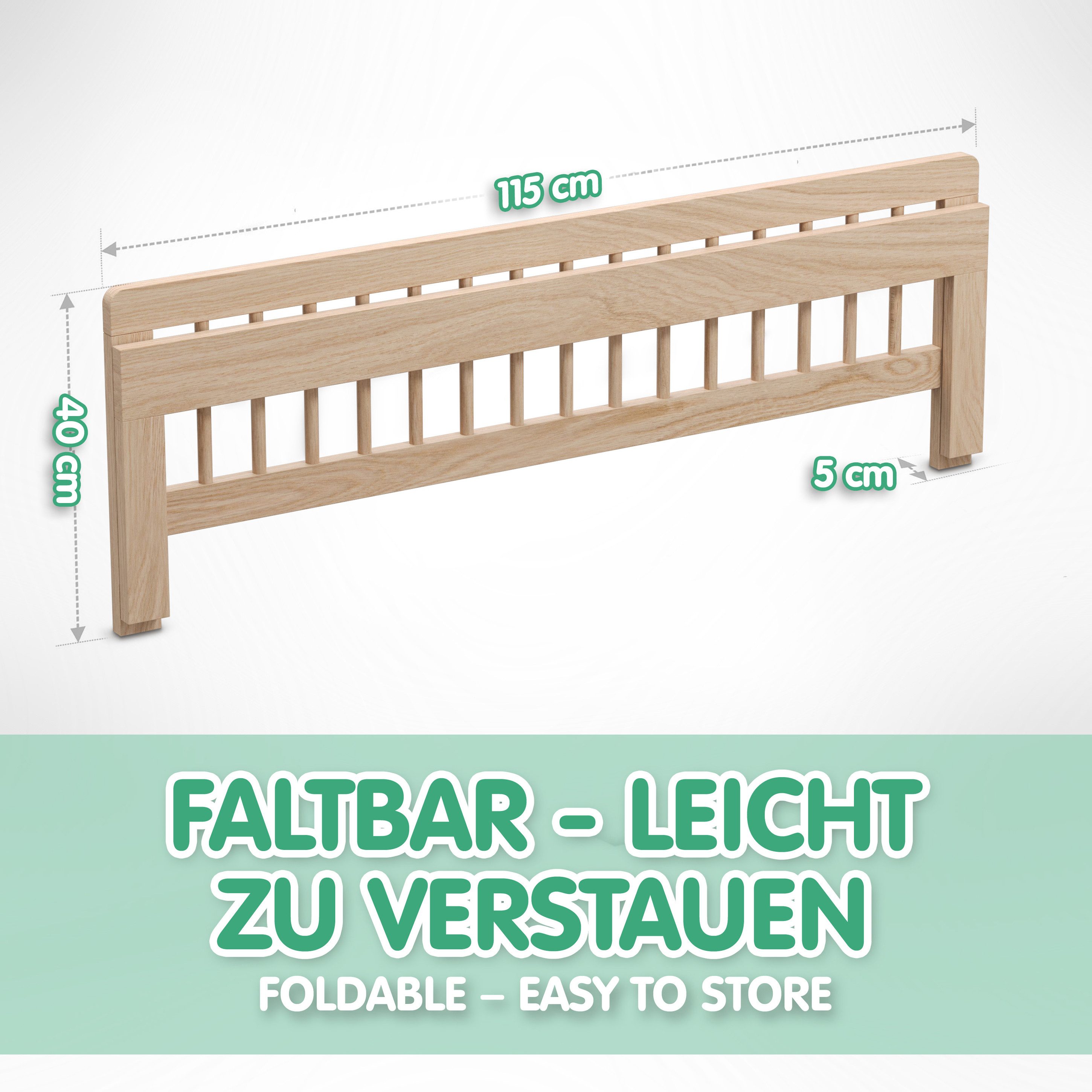 CADANI Bettschutzgitter Holz Bettgitter - Kinderbett Rausfallschutz klappbar, robust u. stabil (90 cm breit, natur - auch in 115 cm und 140 cm verfügbar), für W – Bild 3 von 5