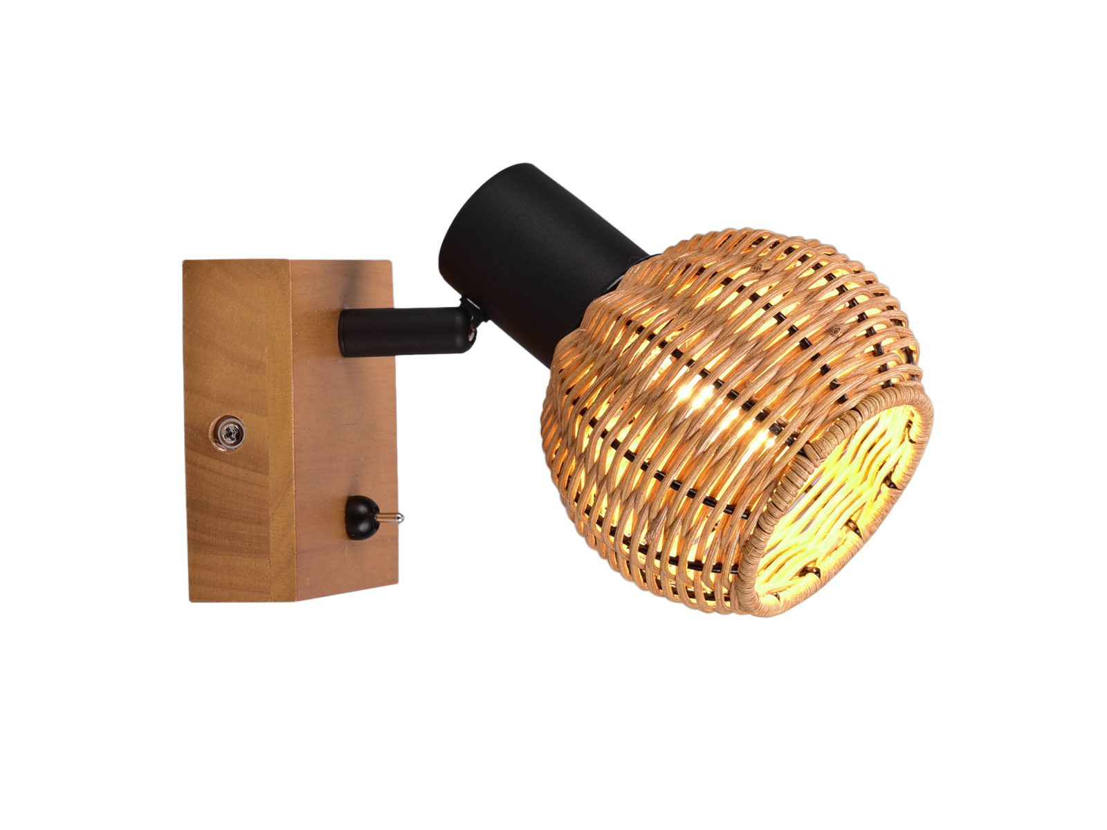 meineWunschleuchte Wandstrahler Rattanlampe mit Holz & Schalter, ohne Leuchtmittel, innen Wand-Lampe, Nachttischlampe Bett, Wandleuchte skandinavisch – Bild 2 von 5