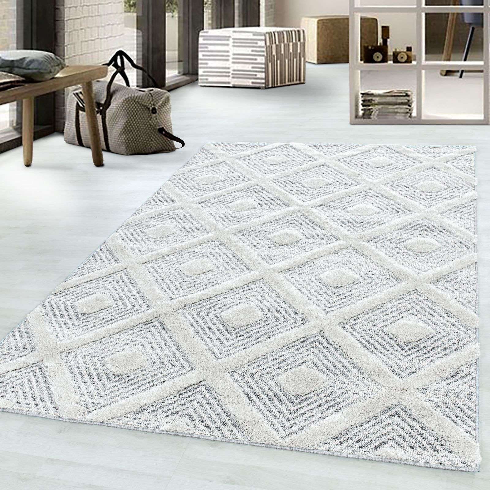 Designteppich Designerteppich Tokio hoch-tief Struktur Karos mit Punkten weiß-grau, TaraCarpet, rechteckig, Höhe: 20 mm, moderner scandi boho Karos w grau Wohnzimmer Schlafzimmer Flur 080x150