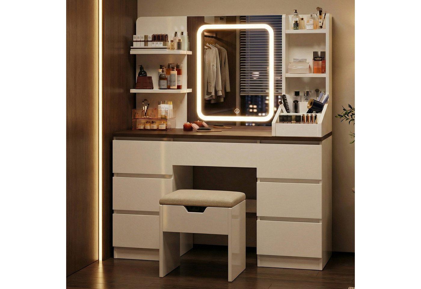 HOMALL Schminktisch Eingebaute LED-Beleuchtung, einstellbare Helligkeit, mit 7 Schubladen (Maße: 110 × 40 × 139 cm, mit verstellbarer LED-Spiegelbeleuchtung, drei wählbare Farbtöne + stufenlose Dimmung, 8 offene Ablagefächer + 7 Schubladen (Schubladenhöhe