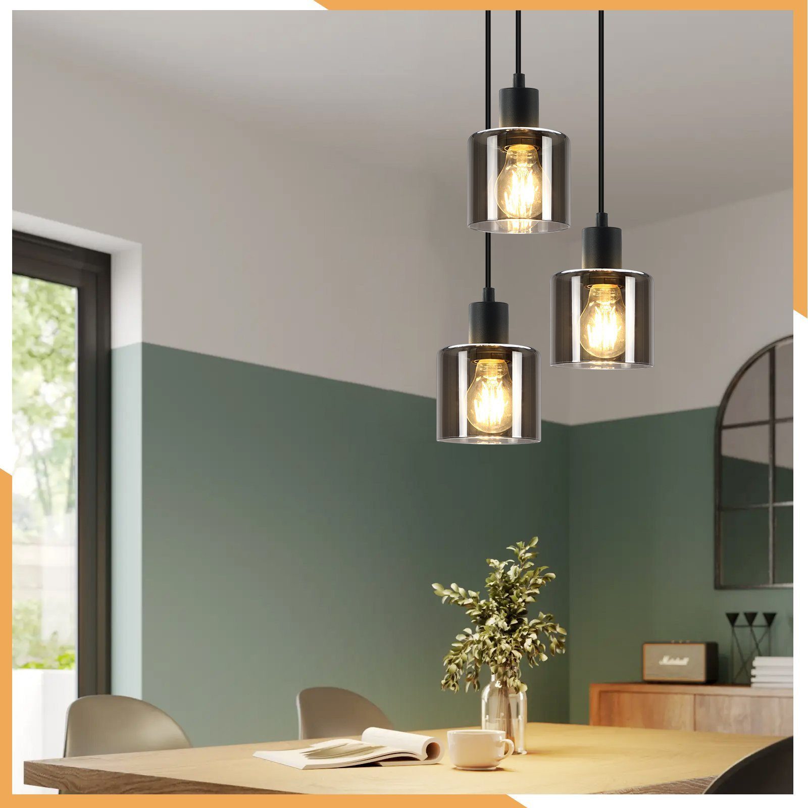 ZMH Pendelleuchte Esstischlampe Hängend Hängeleuchte Schwarz/Berstein - E27 Vintage Flur, ohne Leuchtmittel, Höhenverstellbar für Hotel Büro Vintage Esszimmerla – Bild 4 von 5
