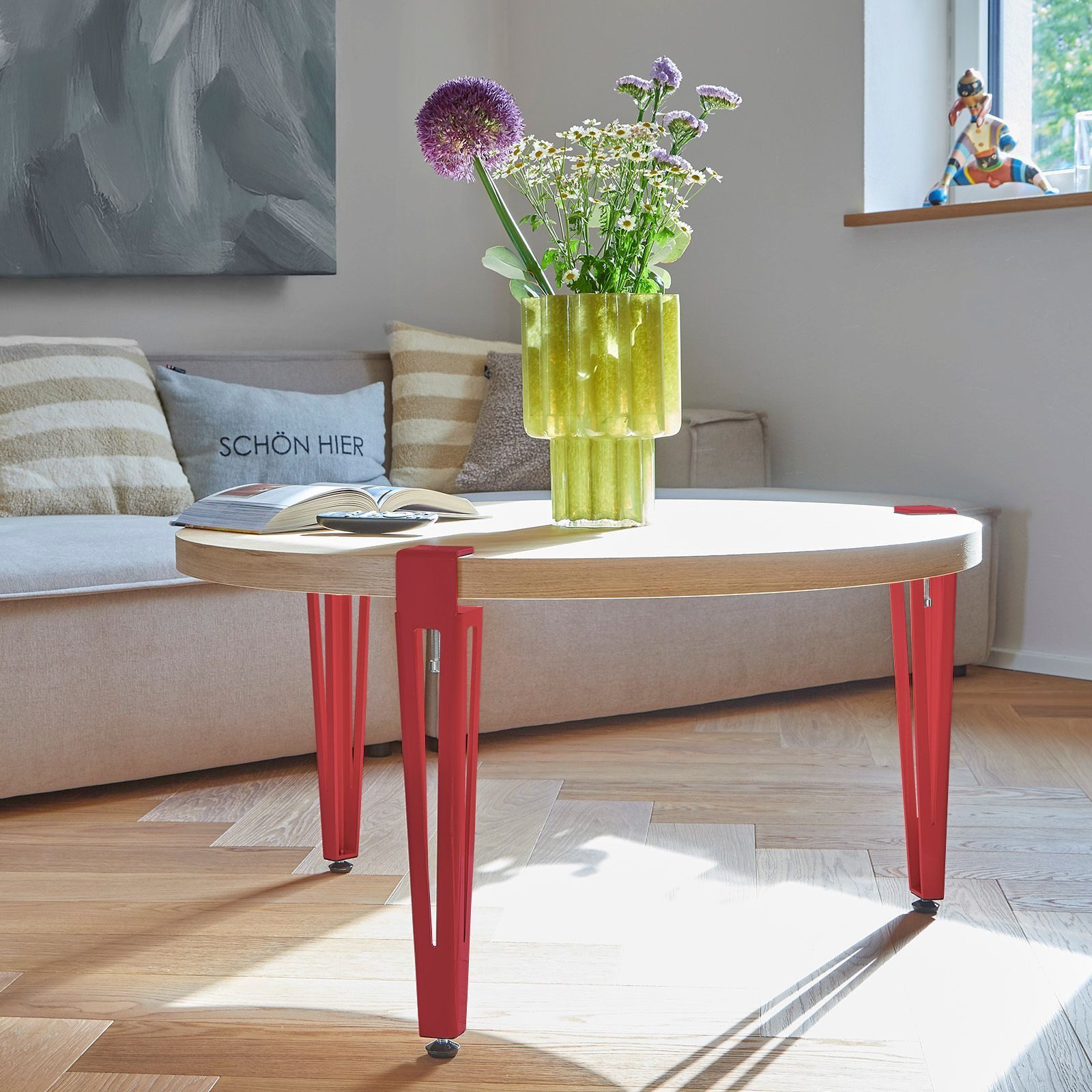 SO-TECH® Tischbein ColorLine in F-Form konisch zulaufend von 70 auf 40 mm, mit Klemmschraube (ohne Bohren) - rot - Höhe 464 mm - 4x
