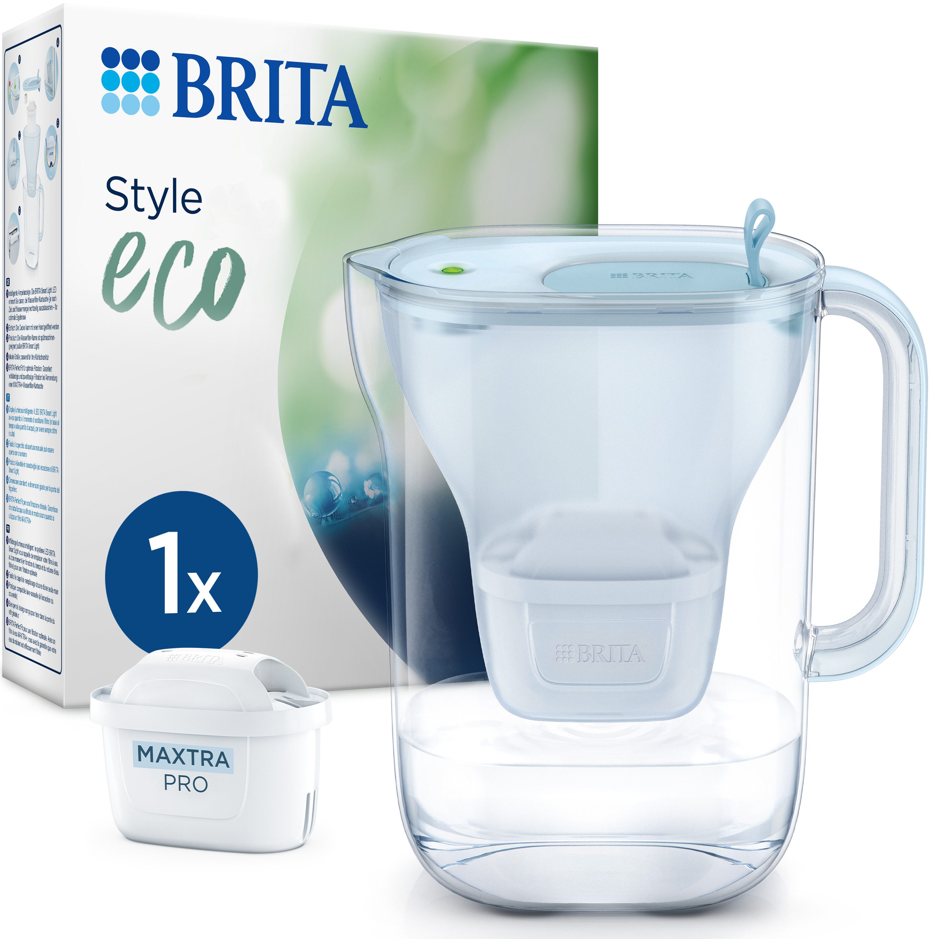 BRITA Wasserfilter Kanne Style eco blau inkl. 1 MAXTRA PRO Pure Performance Kartusche, Nachhaltige Kanne passt in den Kühlschrank & filtert Verunreinigungen
