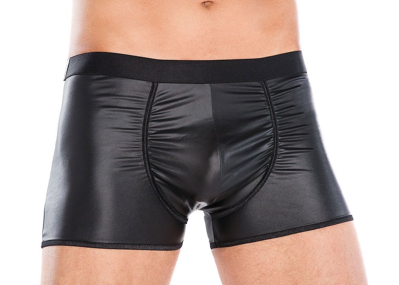 Boxershorts Wetlook-Slip Schwarz mit Kunstleder sexy Unterwäsche Männer Boxershort