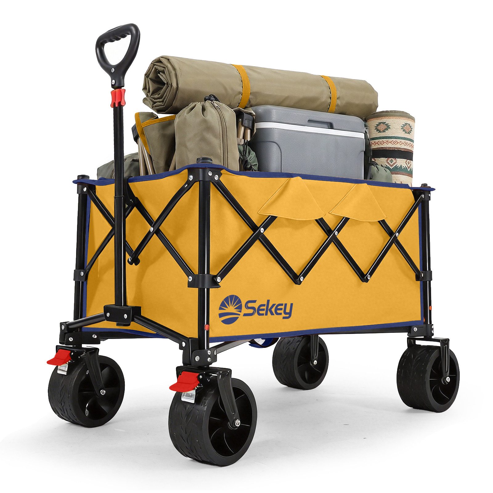 Sekey Bollerwagen 150KG Bollerwagen Faltbar Handwagen mit breiten Reifen Campingwagen, Leichter Faltbollerwagen mit Bremse, Patentiert 4-Wege-Sofortaufbau