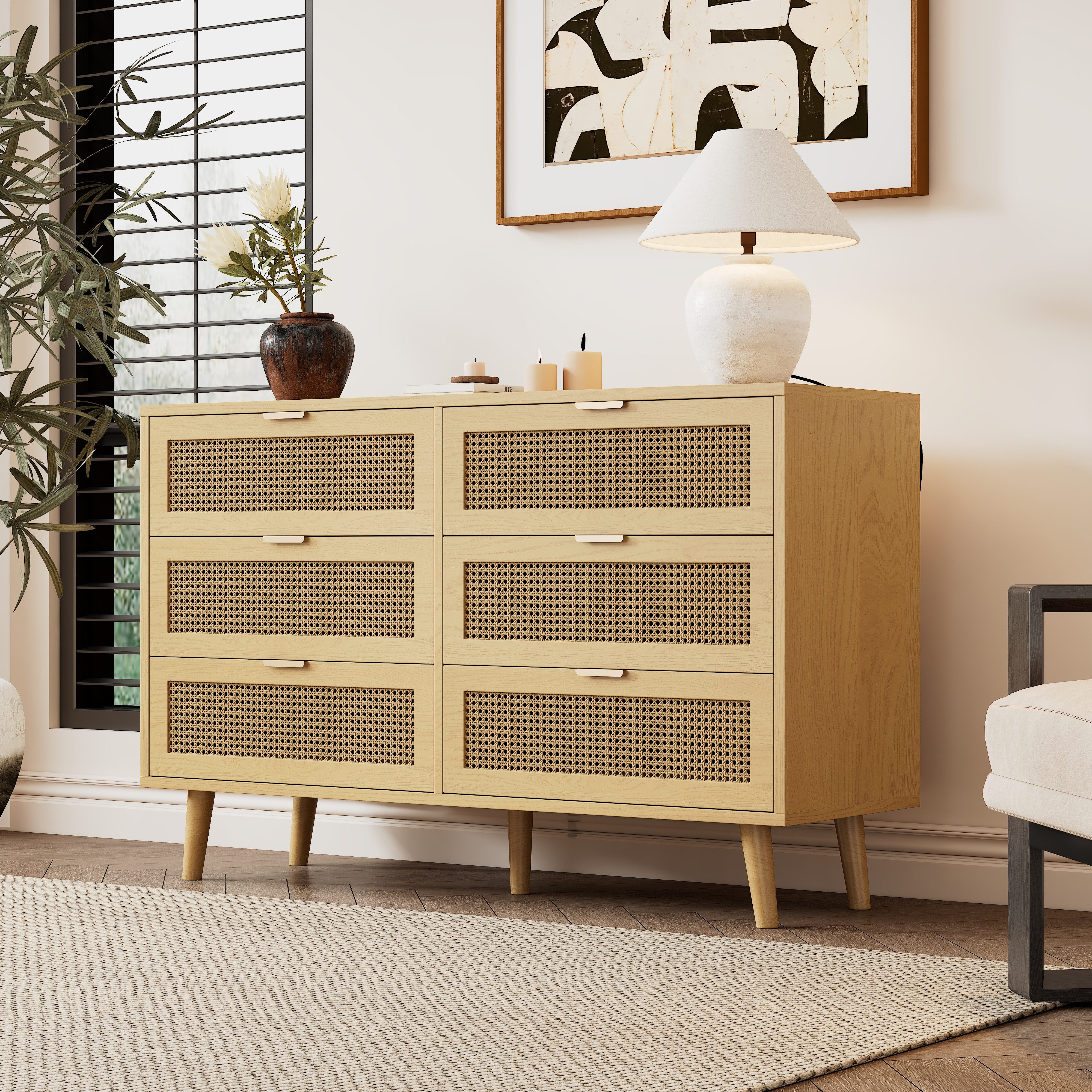 Merax Kommode mit 6 Schubladen, Schubkastenkommode,Sideboard Rattan geflecht,Massivholzbeine,B:120cm