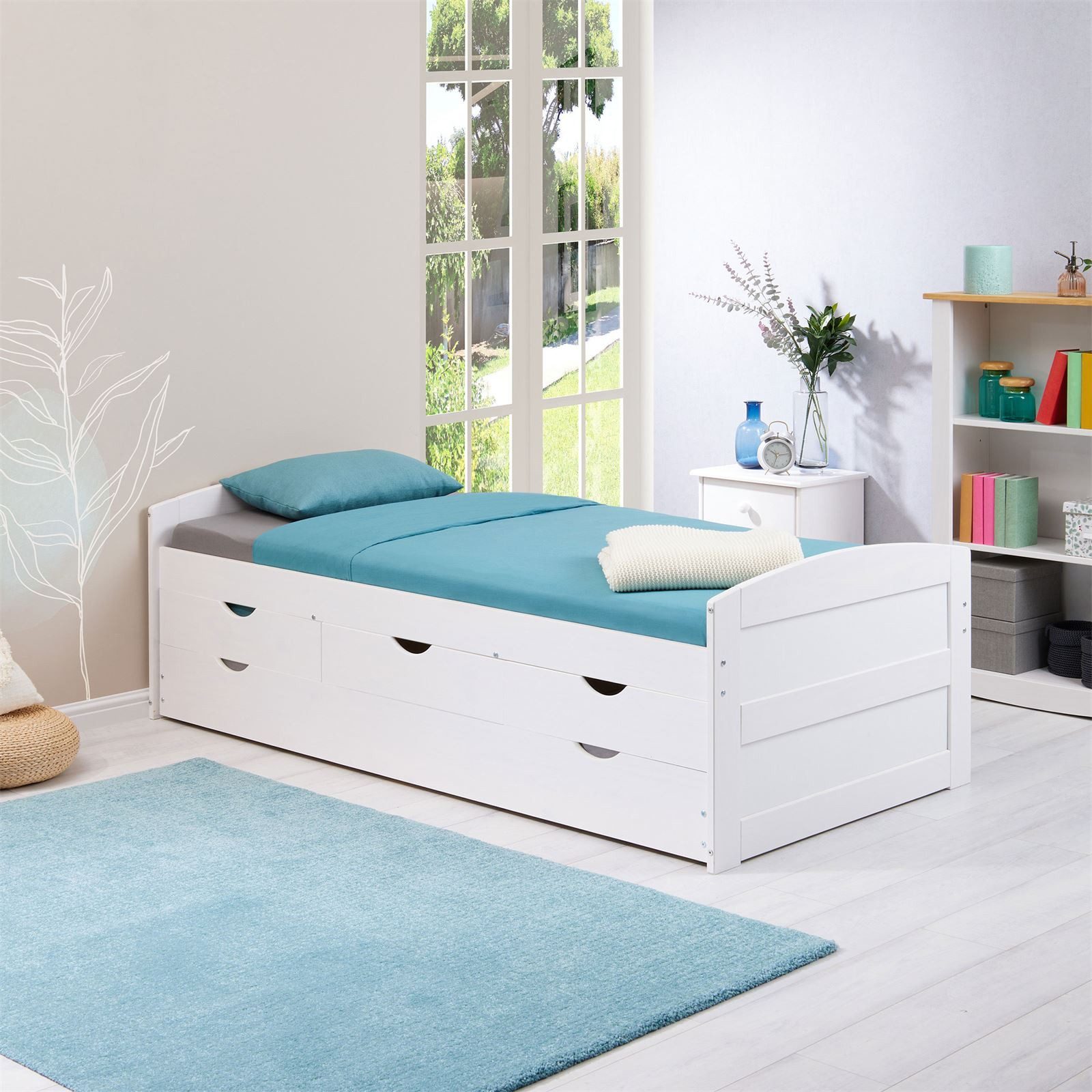 IDIMEX Funktionsbett JESSY, Bett mit Stauraum Jugendbett mit 3 Schubladen Ausziehbett Kiefer 90x19