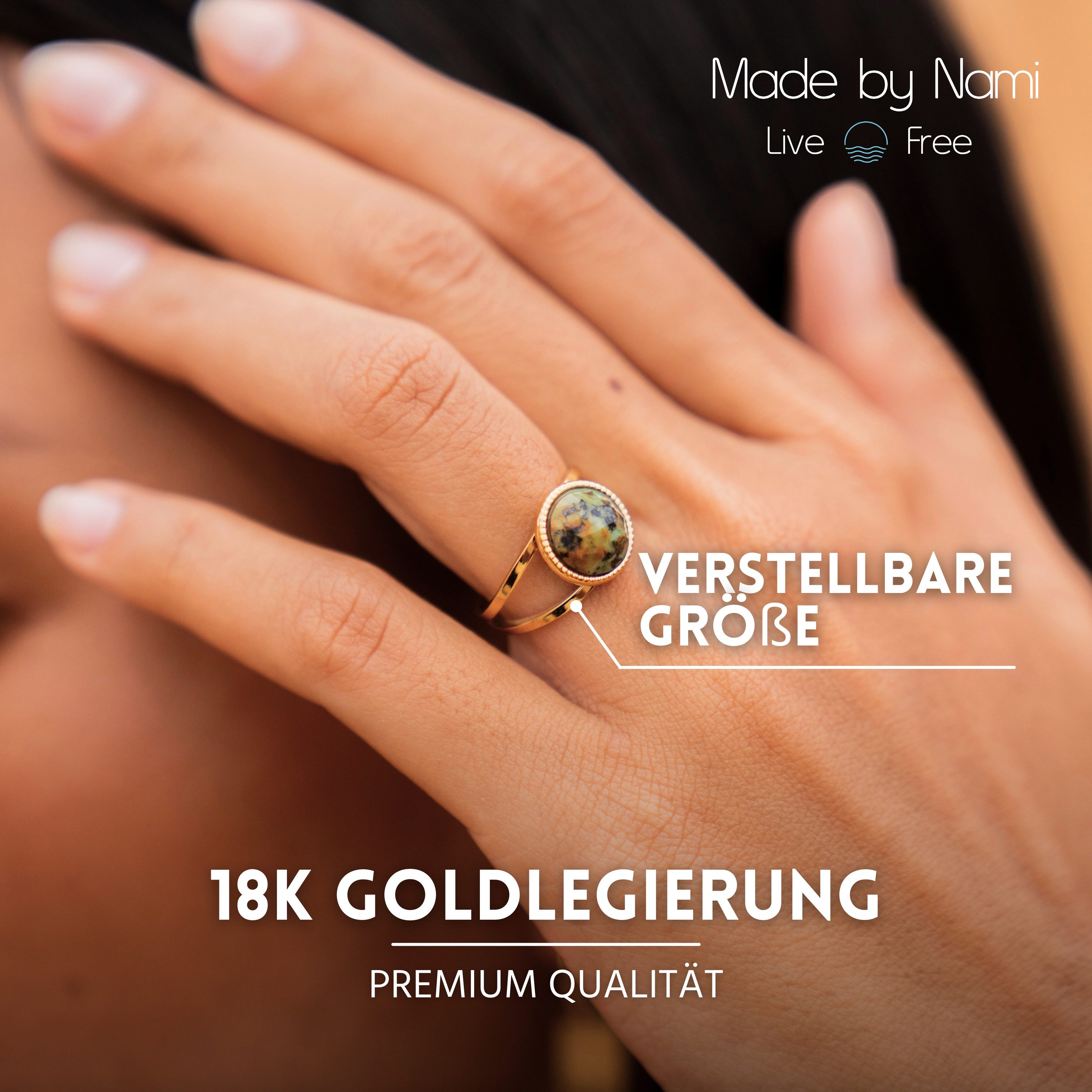 Made by Nami Fingerring Gold Damen mit Edelstein aus Chirurgischem Edelstahl - Grauer Stein, Verstellbare Größe - Wasserfester Schmuck Hypoallergen – Bild 4 von 5