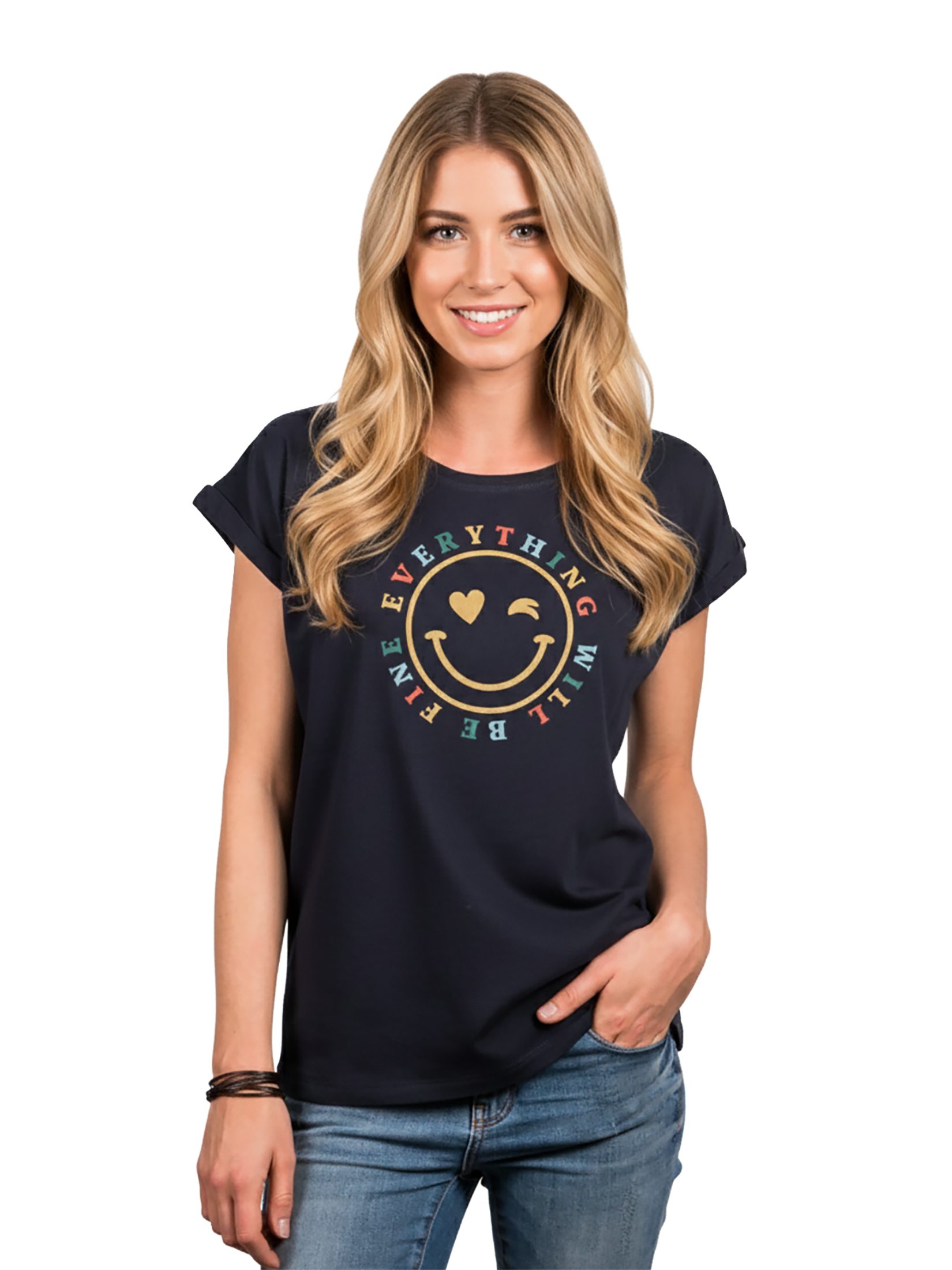 MAKAYA Print-Shirt Damen Kurzam Herz Spruch Sprüche Hippie Style Outfit 60er 70er Jahre Top