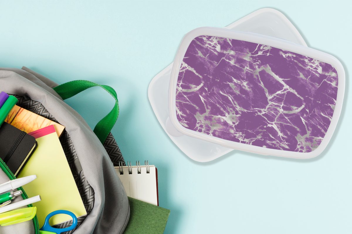 MuchoWow Lunchbox Violett - Weiß Kinder für und Jungs - Marmor Brotbox Kunststoff, Muster, (2-tlg), Brotdose, für Mädchen und Erwachsene, 