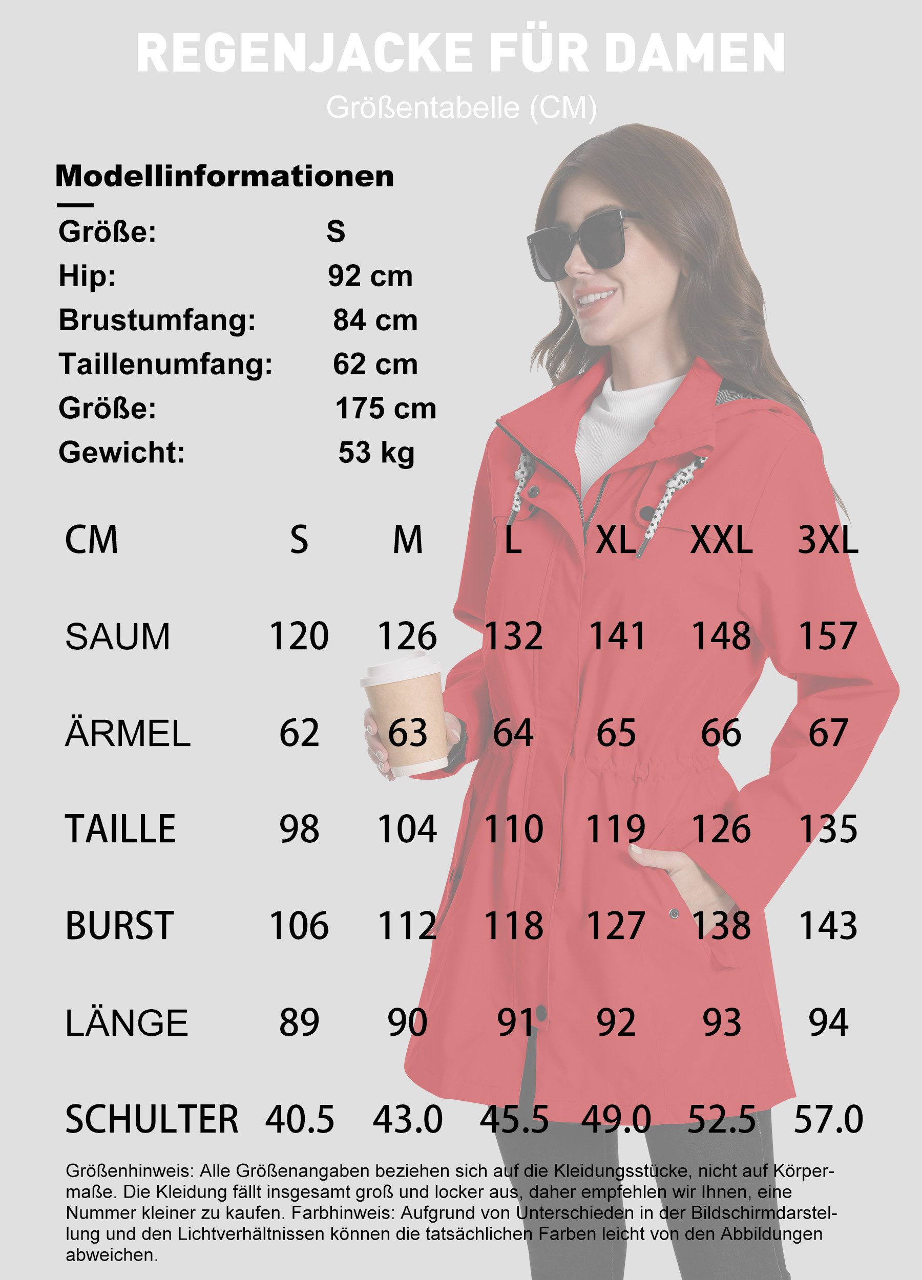 ATLASLAVA Regenjacke Damen Lang – Wasserdicht & Atmungsaktiv mit Kapuze (1-St) Übergangsjacke für Outdoor