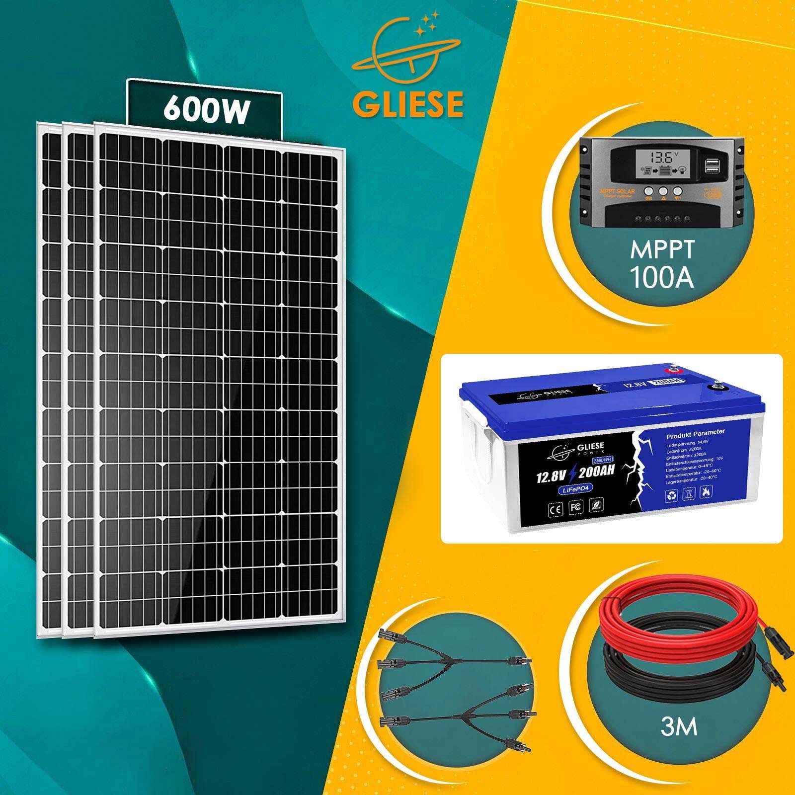 GLIESE Solarmodul 600W Solarmodul Kit mit 200Ah LiFePO4 Akku 200A BMS