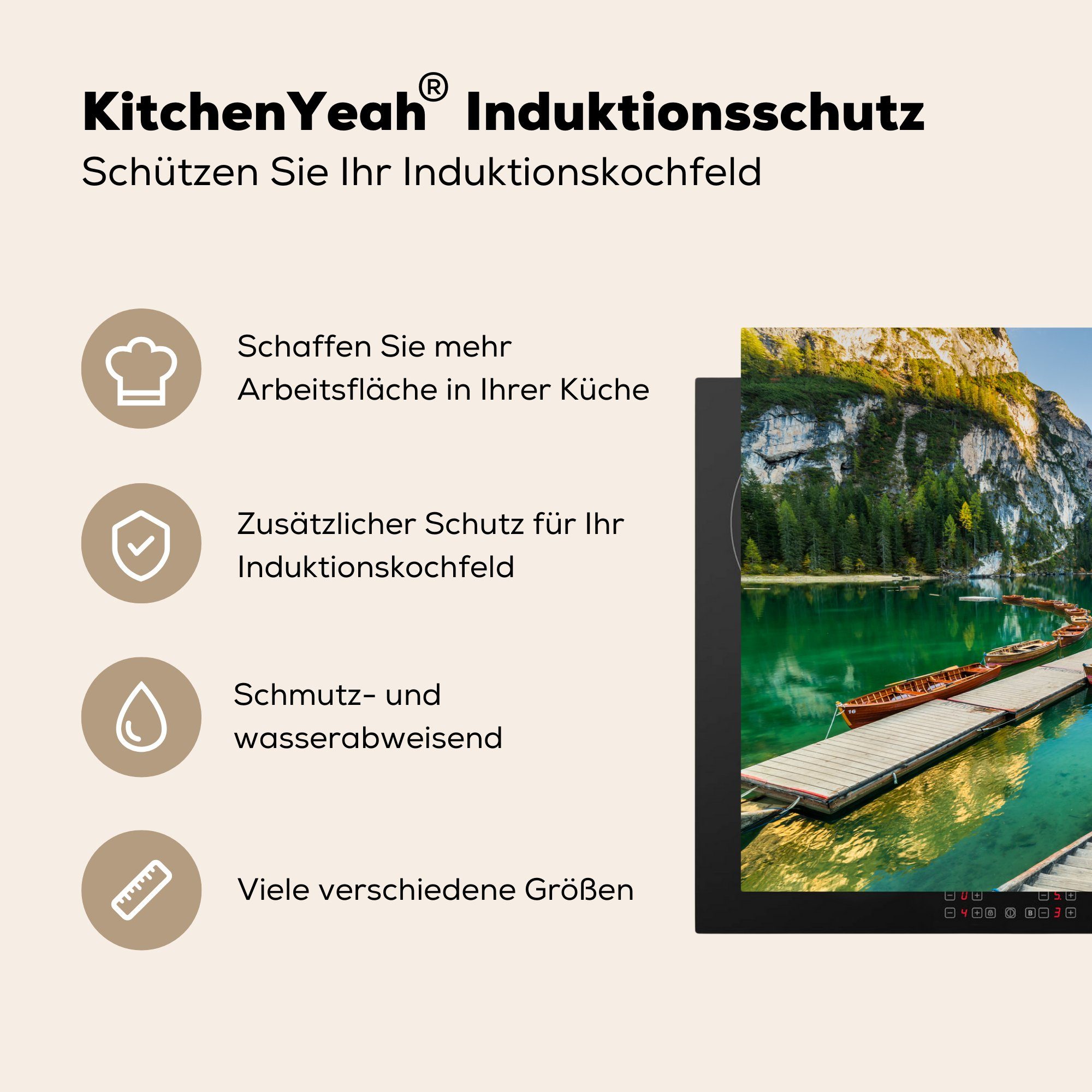 Vinyl, küche, Boot, cm, Schutz Alpen Herdblende-/Abdeckplatte (1 - Ceranfeldabdeckung See 81x52 für MuchoWow tlg), - die Induktionskochfeld