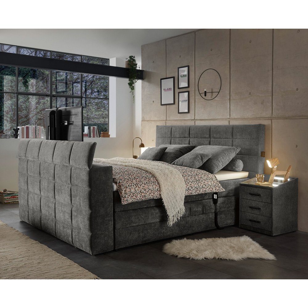 Lomadox Boxspringbett DURAZNO-09, 180x200 cm, mit TV-Halterung, mit Bettkasten, Hotelbett in stone grau