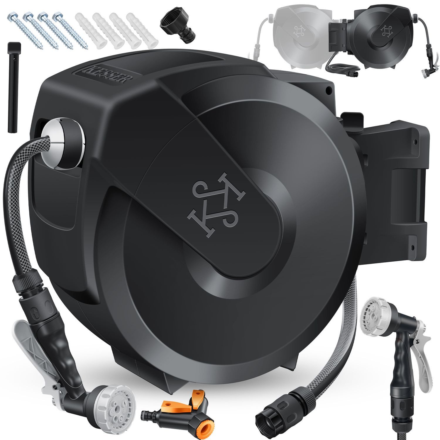 KESSER Gartenschlauch Wasserschlauchtrommel 180° schwenkbar & automatische Aufrollung, (Inklusive ergonomischer 7-Funktionen-Power-Handbrause), Schlauchtrommel mit Gartenschlauch zur Wandmontage Wand-Schlauchbox