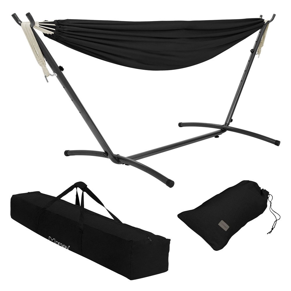 ML-DESIGN Hängematte Doppelhängematte mit Stahlgestell für 2 Personen Belastbarkeit 250 kg, XXL Hängesessel Schwarz mit Tragetasche und Ständer für Garten/Balkon