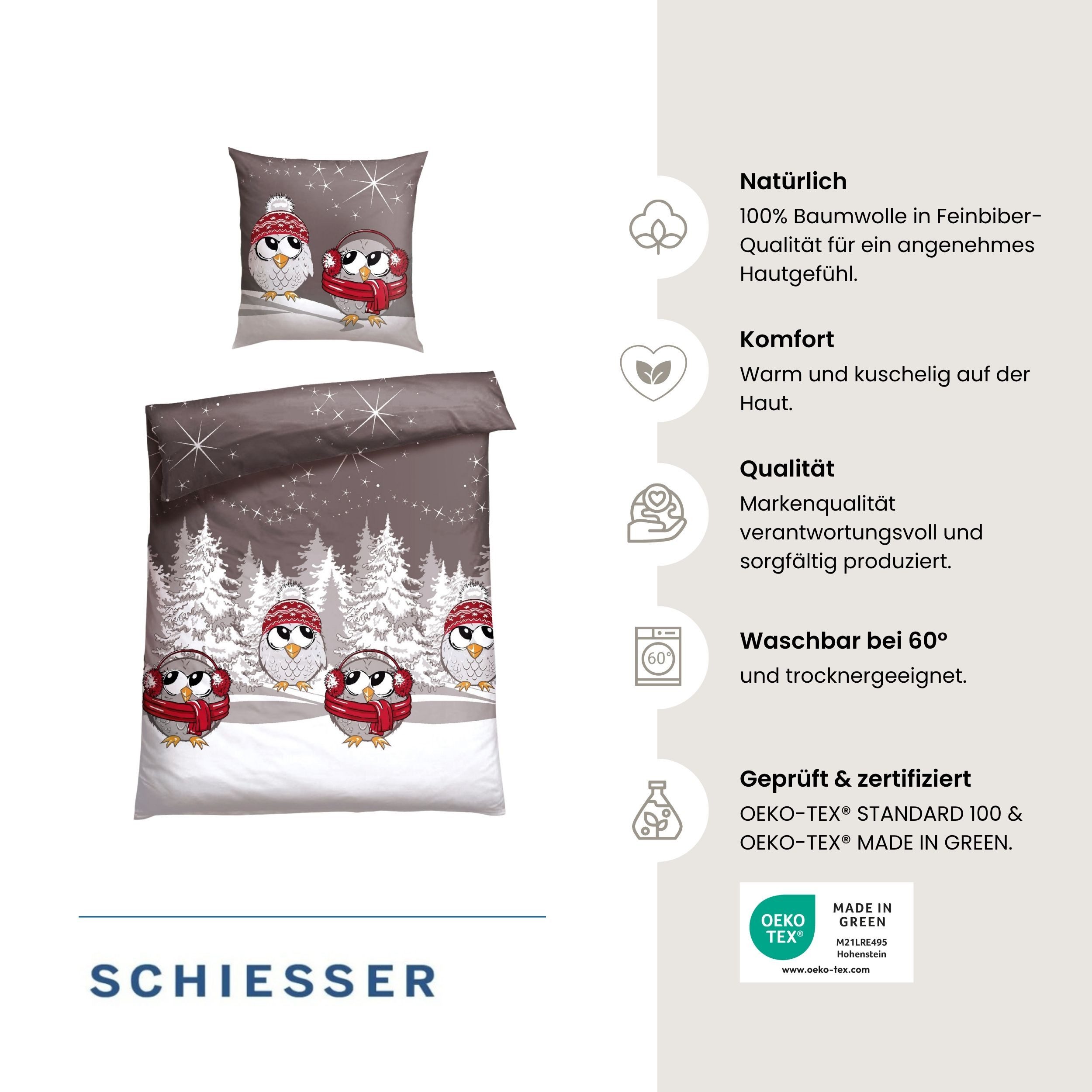 Schiesser Bettwäsche Olsona aus weicher Baumwolle mit coolem Winter-Print, Feinbiber, 2 teilig, OEKO-TEX® MADE IN GREEN-zertifiziert – Bild 2 von 5