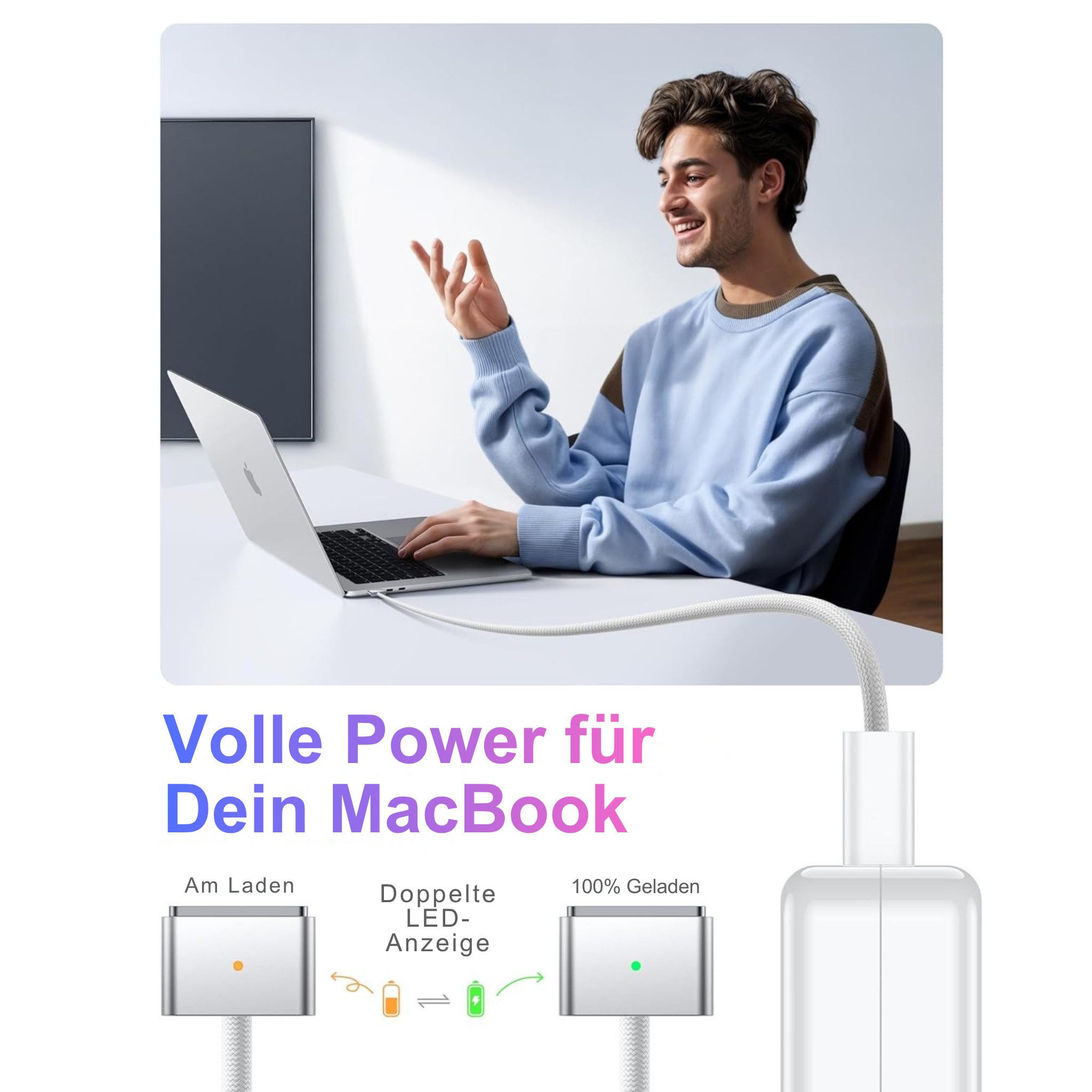 Alpha Electronics MagSafe 3 USB-C Schnellladekabel für Macbook Pro/Air magnetisches Ladekabel, USB-C, USB-C (200 cm), Schnellladend, 140W, magnetisch, zweifarbige LED-Anzeige