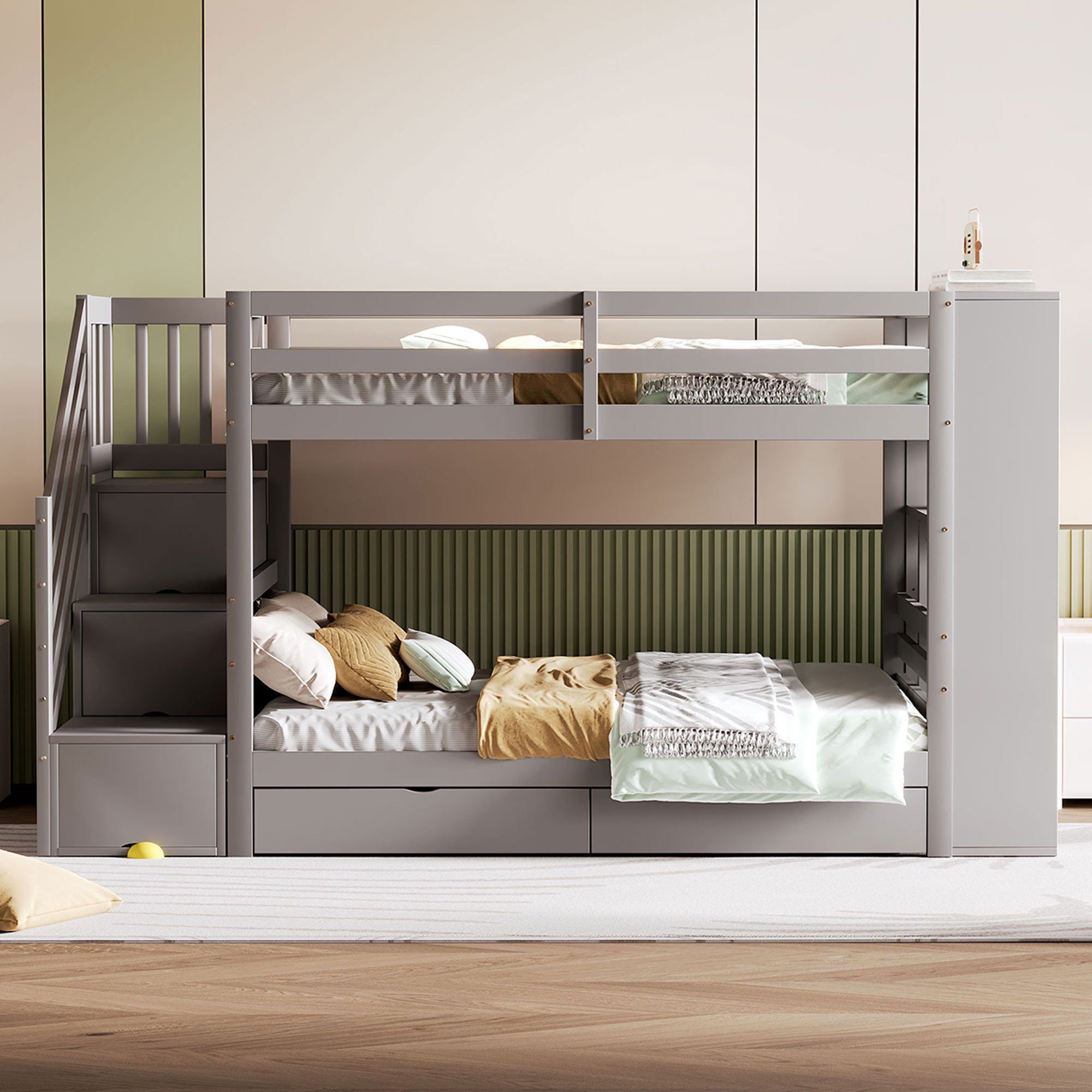 Flieks Etagenbett, Kinderbett 90x200cm mit 2 Schubladen, Seitschrank, Stauraumtreppe