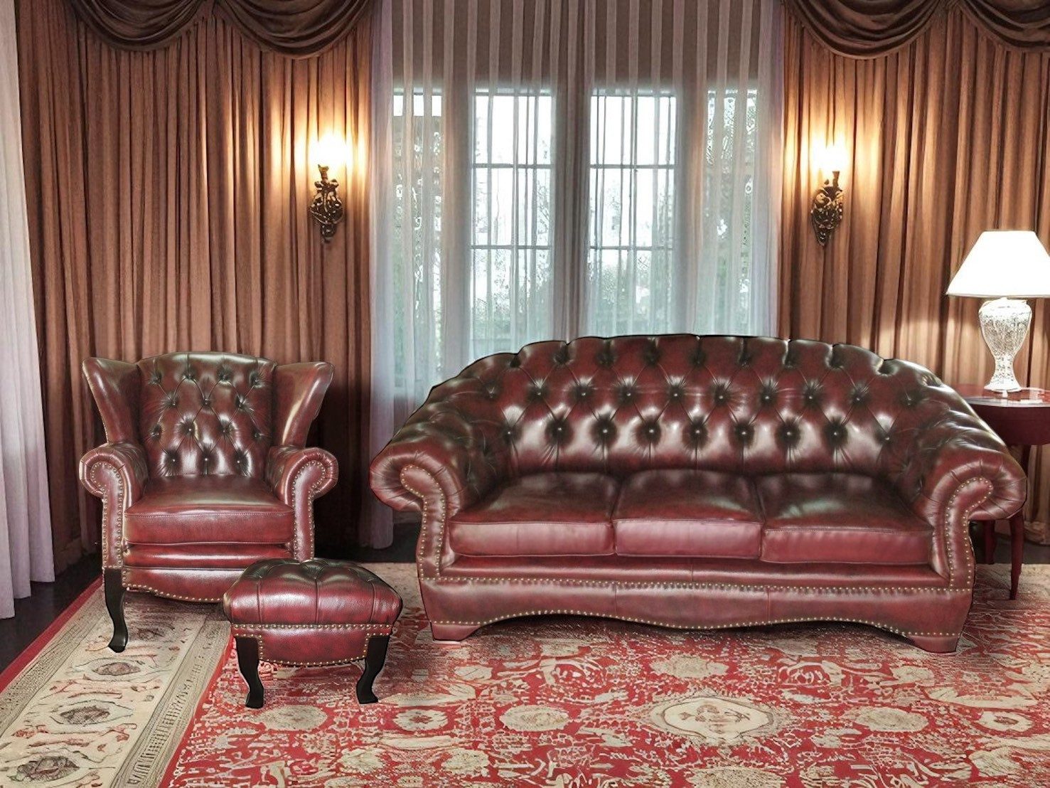 Salottini Polstergarnitur SOFORT LIEFERBAR Chesterfield Premier Sofagarnitur 3/1/Ottoman Rot, (3-tlg)
