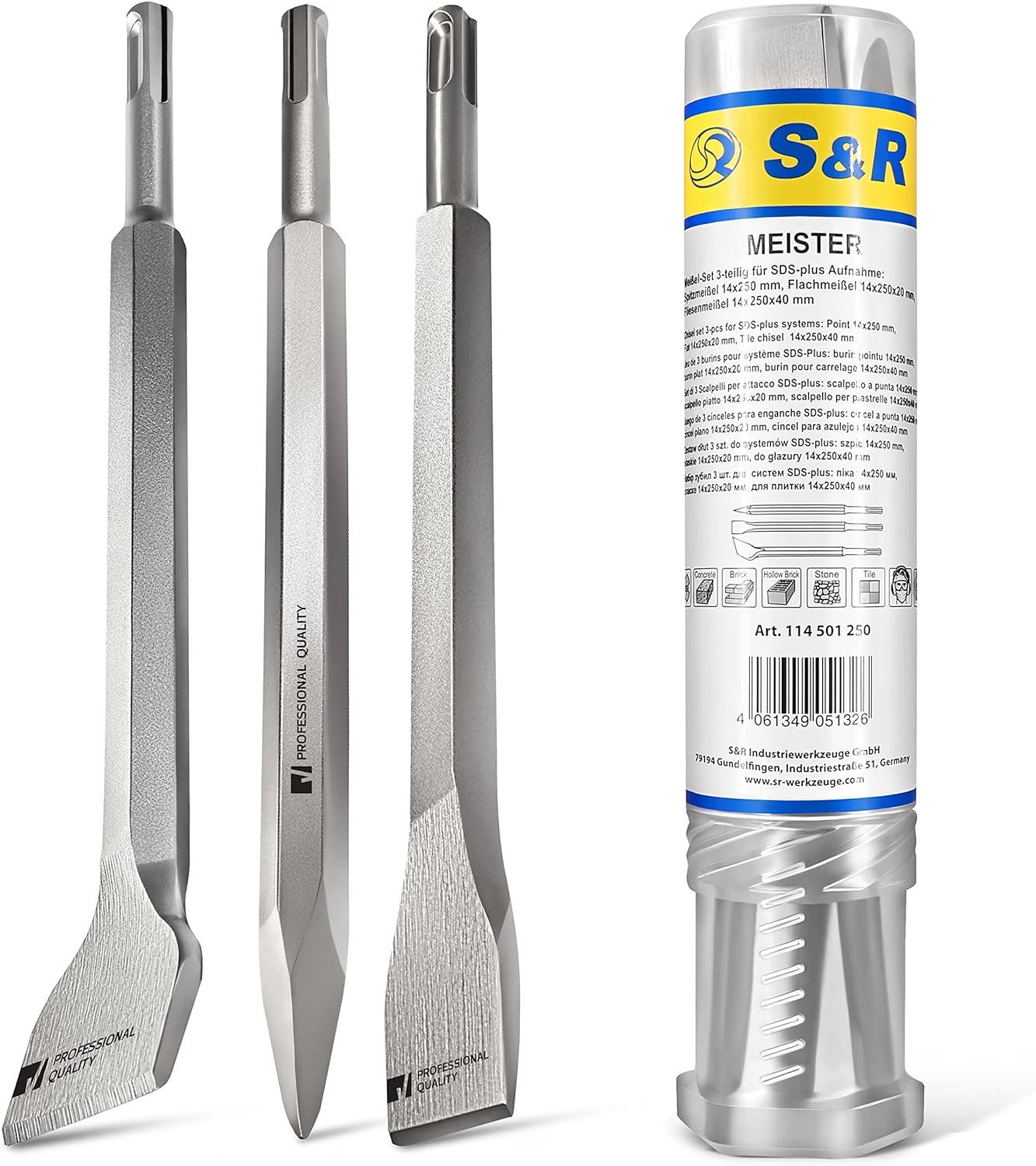 S&R Spitzmeißel Meißel Set SDS-plus 3-teilig, universell einsetzbar, gehärtet, 258 in mm, (Set, 3-teilig: Flachmeißel, Spitzmeißel, Fliesenmeißel) sehr lange Lebensdauer durch hochwertiger Vergütungsstahl