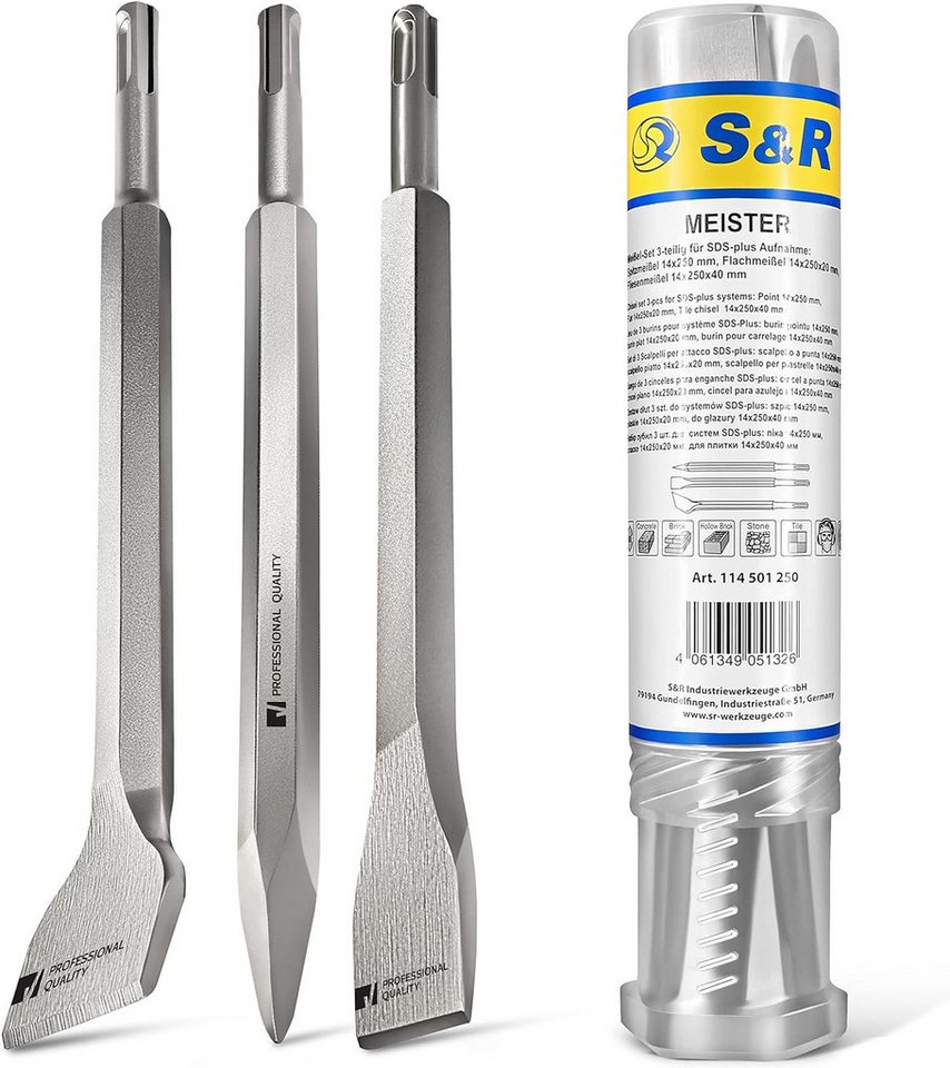 S&R Meißel-Set SDS-plus 3-teilig, universell einsetzbar, gehärtet, 258 in mm, (Set, 3-teilig: Flachmeißel, Spitzmeißel, Fliesenmeißel) sehr lange Lebensdauer durch hochwertiger Vergütungsstahl