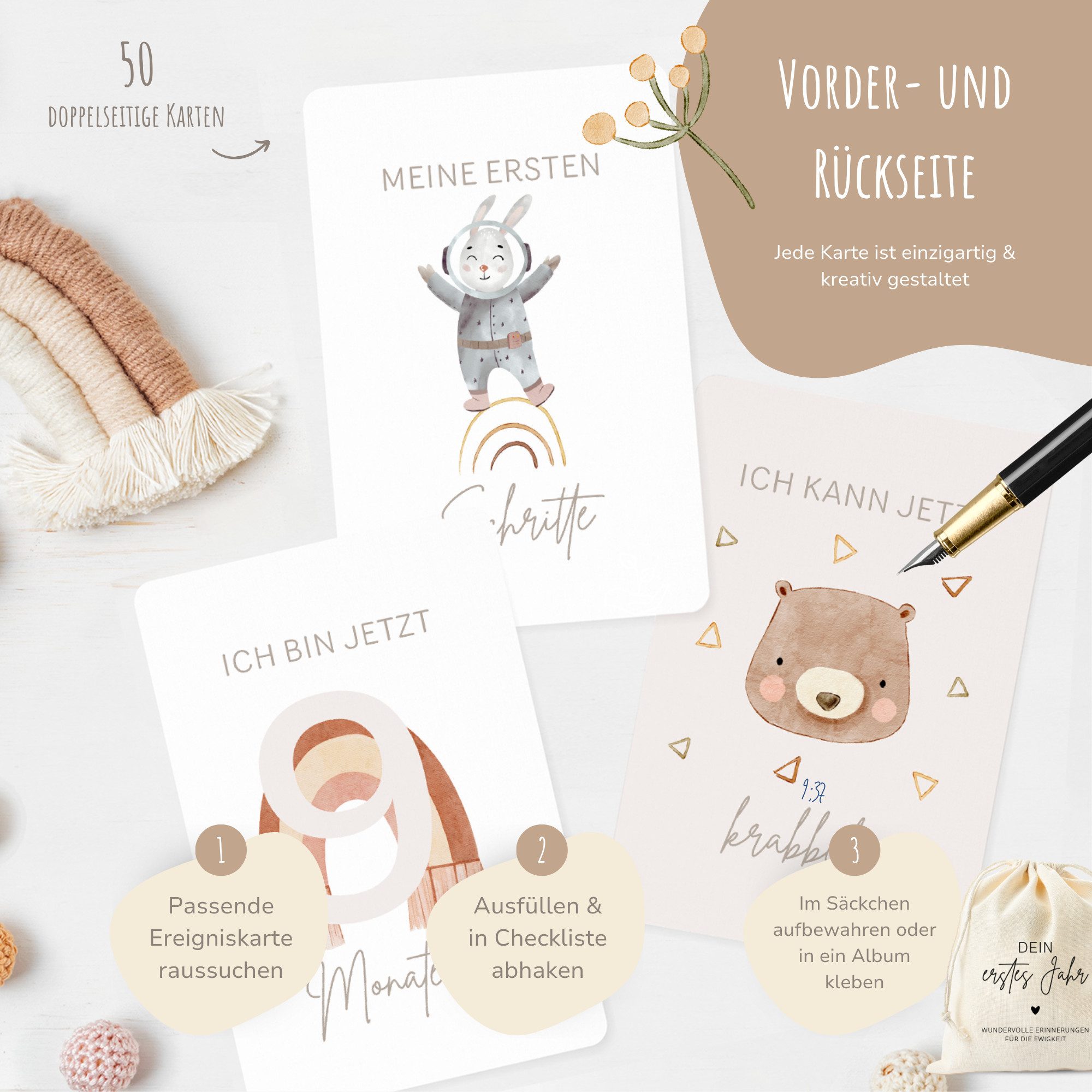 MeinBaby123® Geburtskarte 50 Meilensteinkarten "Dein erstes Jahr" zum Ausfüllen, inkl. Baumwollsäckchen, Geschenk zur Geburt, Meilensteinkarten Baby