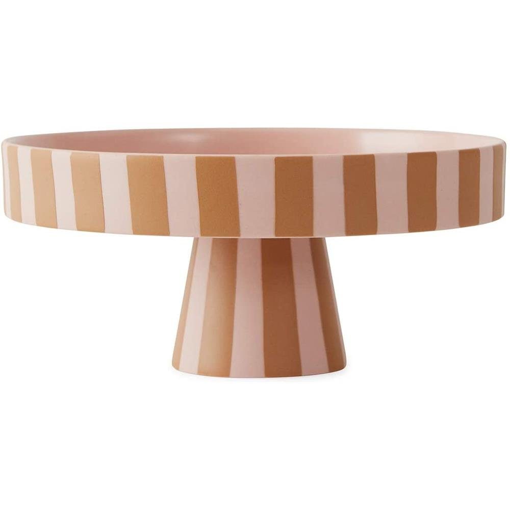 OYOY Tortenplatte Toppu Tray, Dekoschale Rund Keramik Gestreift Braun Rosa 20x9 cm Tortenständer