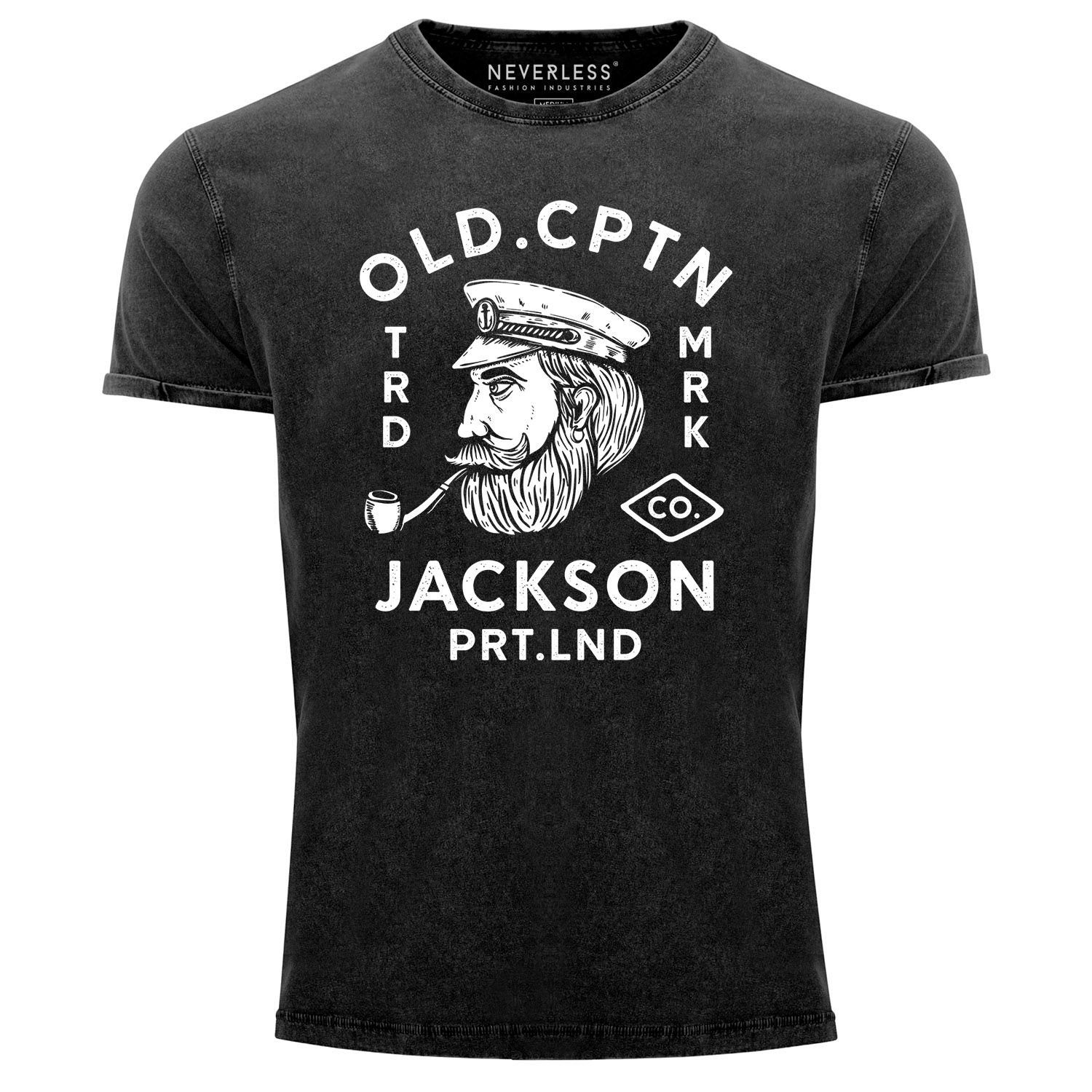 Neverless Print-Shirt Herren Vintage Shirt Kapitän Motiv Aufdruck Old Cptn Jackson Retro Printshirt Used Look Slim Fit Neverless® mit Print schwarz