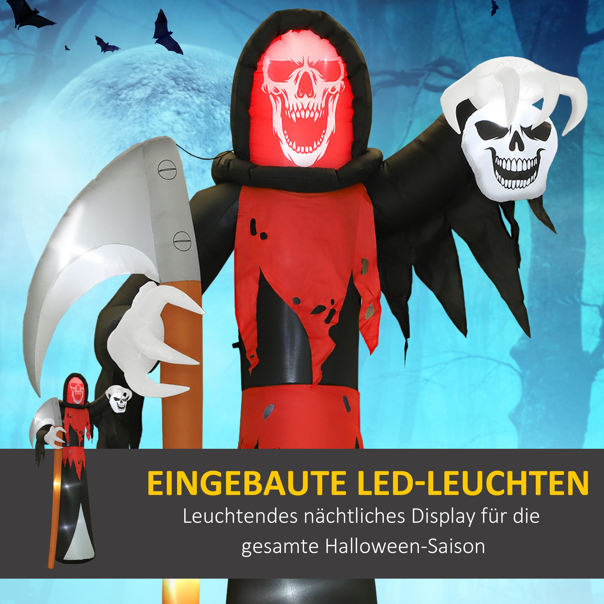 Outsunny LED-Dekofigur Halloween-Dekoration 3,7 m riesiger Sensenmann selbstaufblasend (Aufblasbarer Halloween-Sichelgeist, 1 St., Halloween-Todessichel), für d – Bild 4 von 5