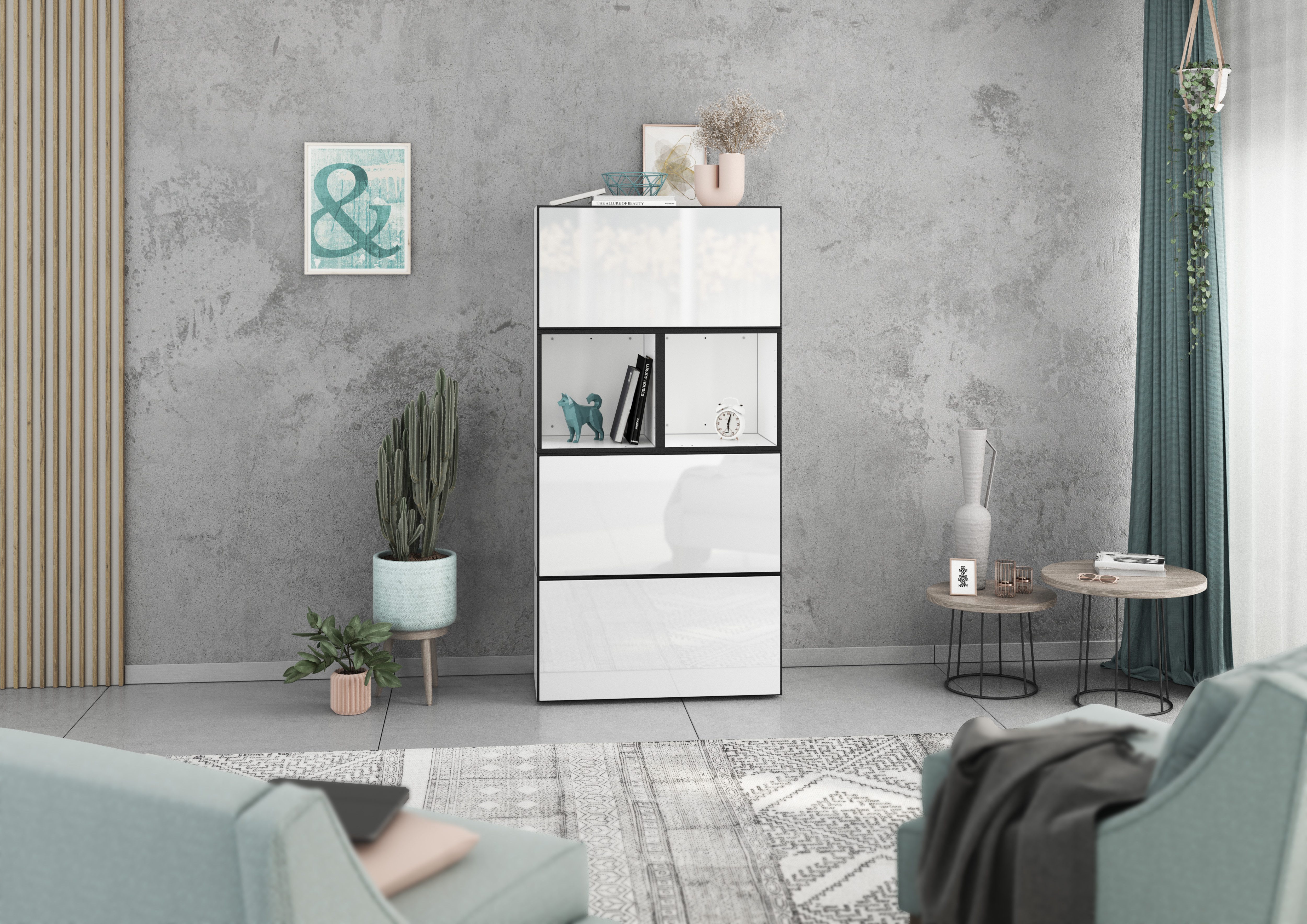 BMG Möbel Stauraumvitrine Modul+ (Highboard Set 5 tlg., besteht aus: 3x Schrank mit Klappenfunktion, 2x Regal) Schränke frei kombinierbar, wandhängend oder stehend