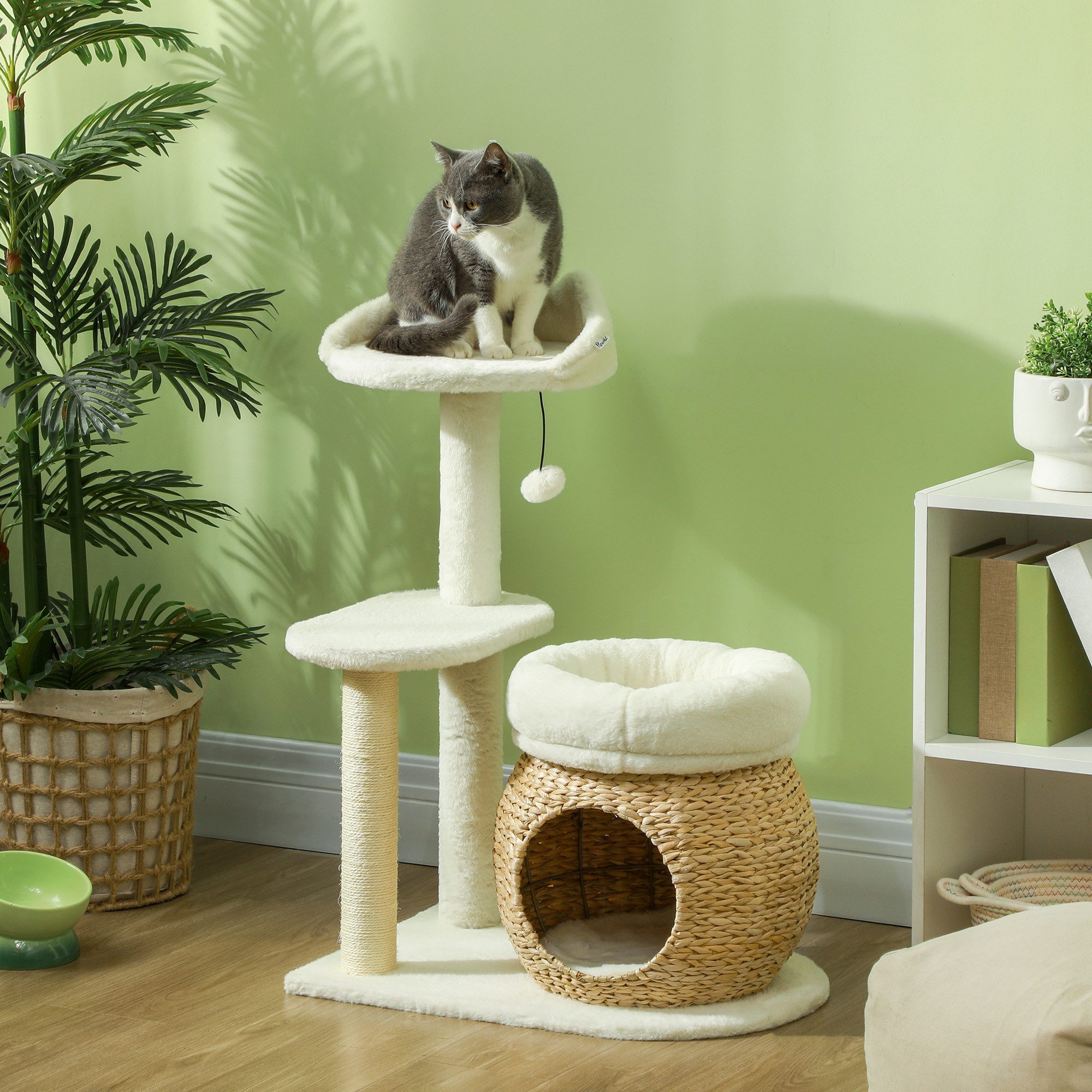 PawHut Kratzbaum Katzenbaum 79 cm, Katzenhöhle, Bett, Spielbälle, Sisal-Kratzsäulen, für Katzen bis 5 kg, Cremeweiß